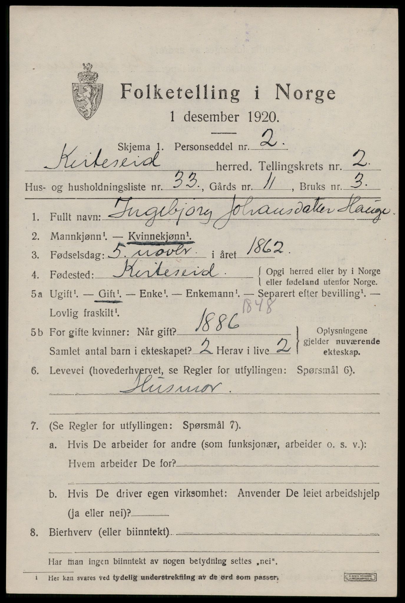 SAKO, 1920 census for Kviteseid, 1920, p. 2383