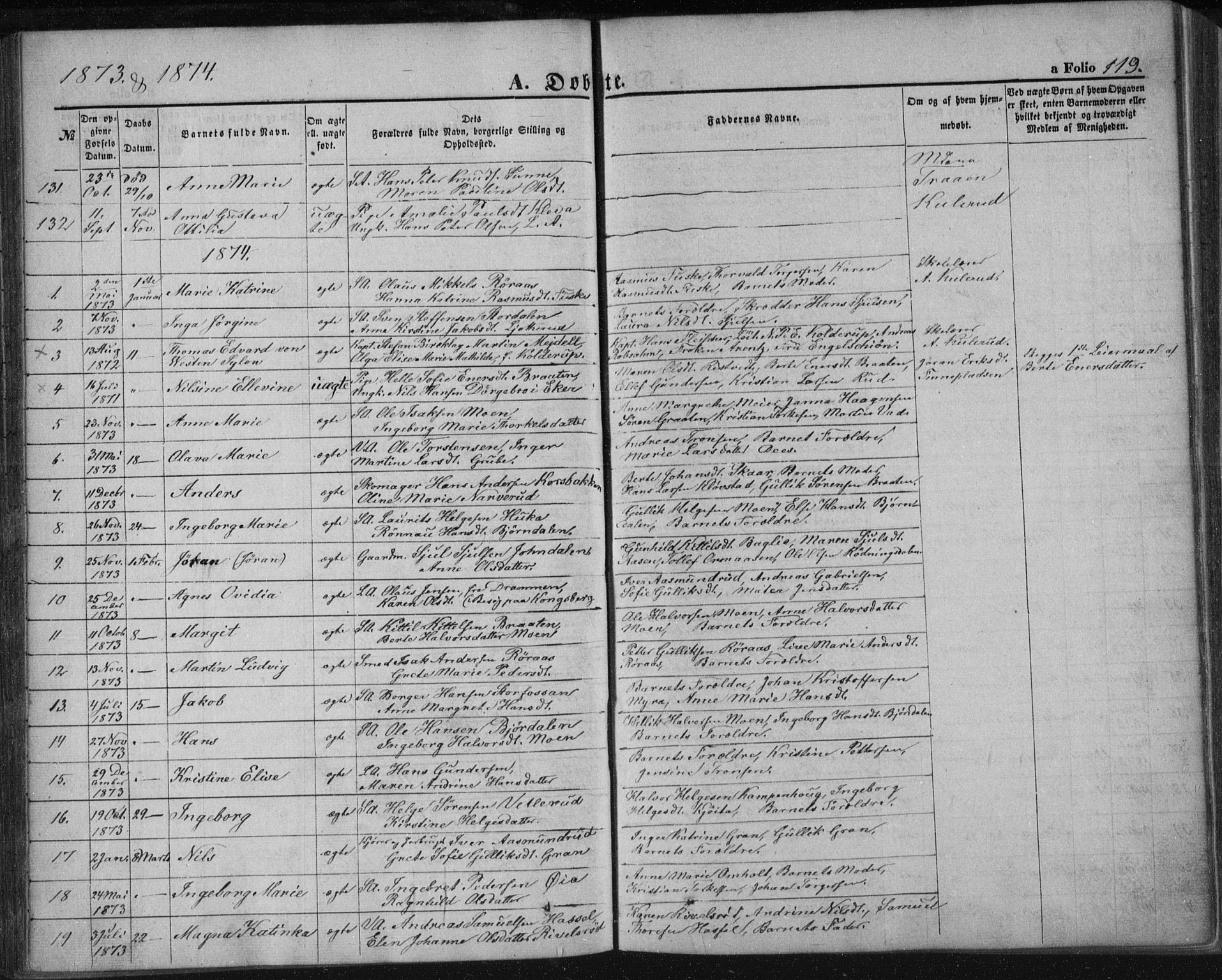 Kongsberg kirkebøker, SAKO/A-22/F/Fa/L0010: Parish register (official) no. I 10, 1859-1875, p. 119