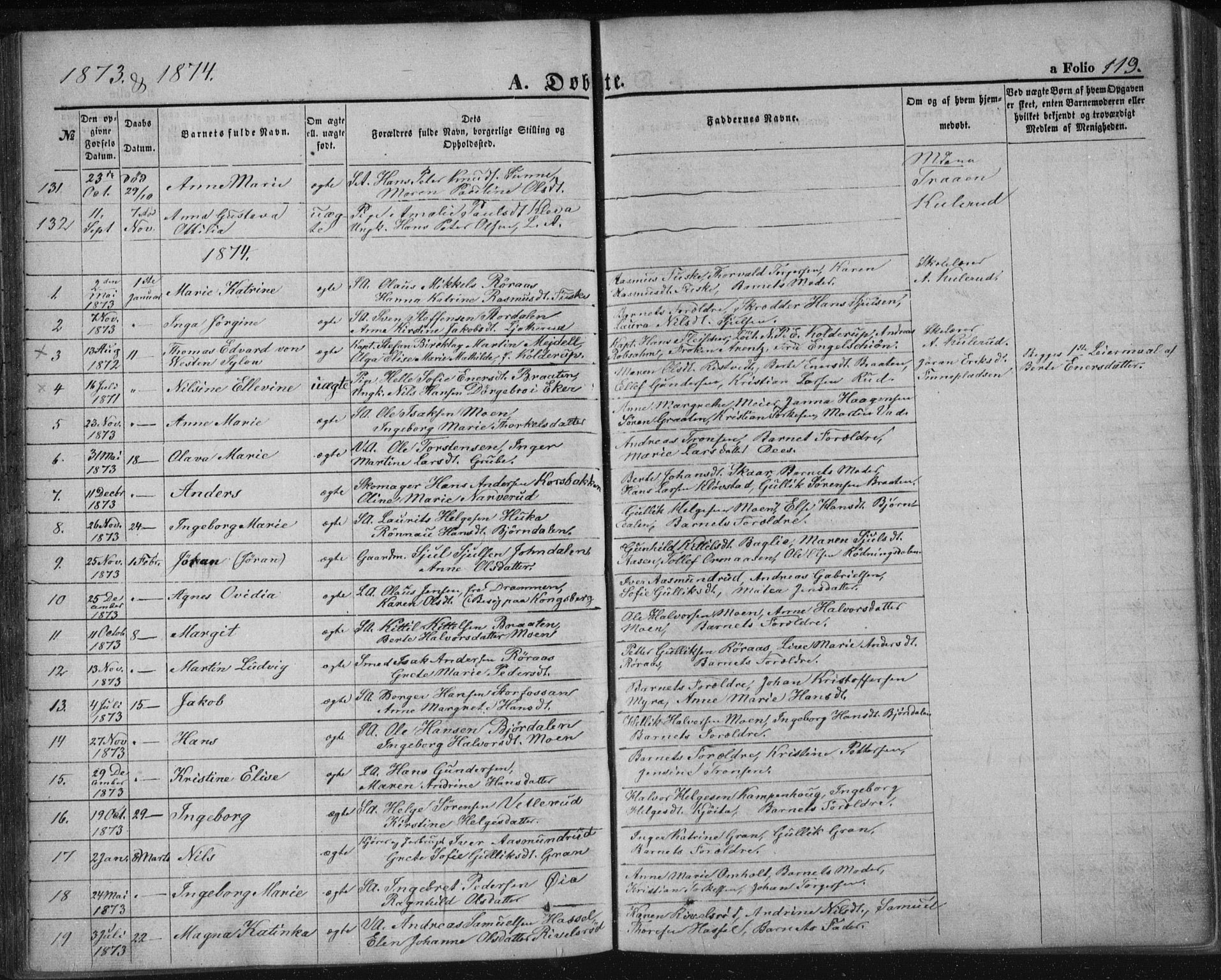 Kongsberg kirkebøker, AV/SAKO-A-22/F/Fa/L0010: Parish register (official) no. I 10, 1859-1875, p. 119