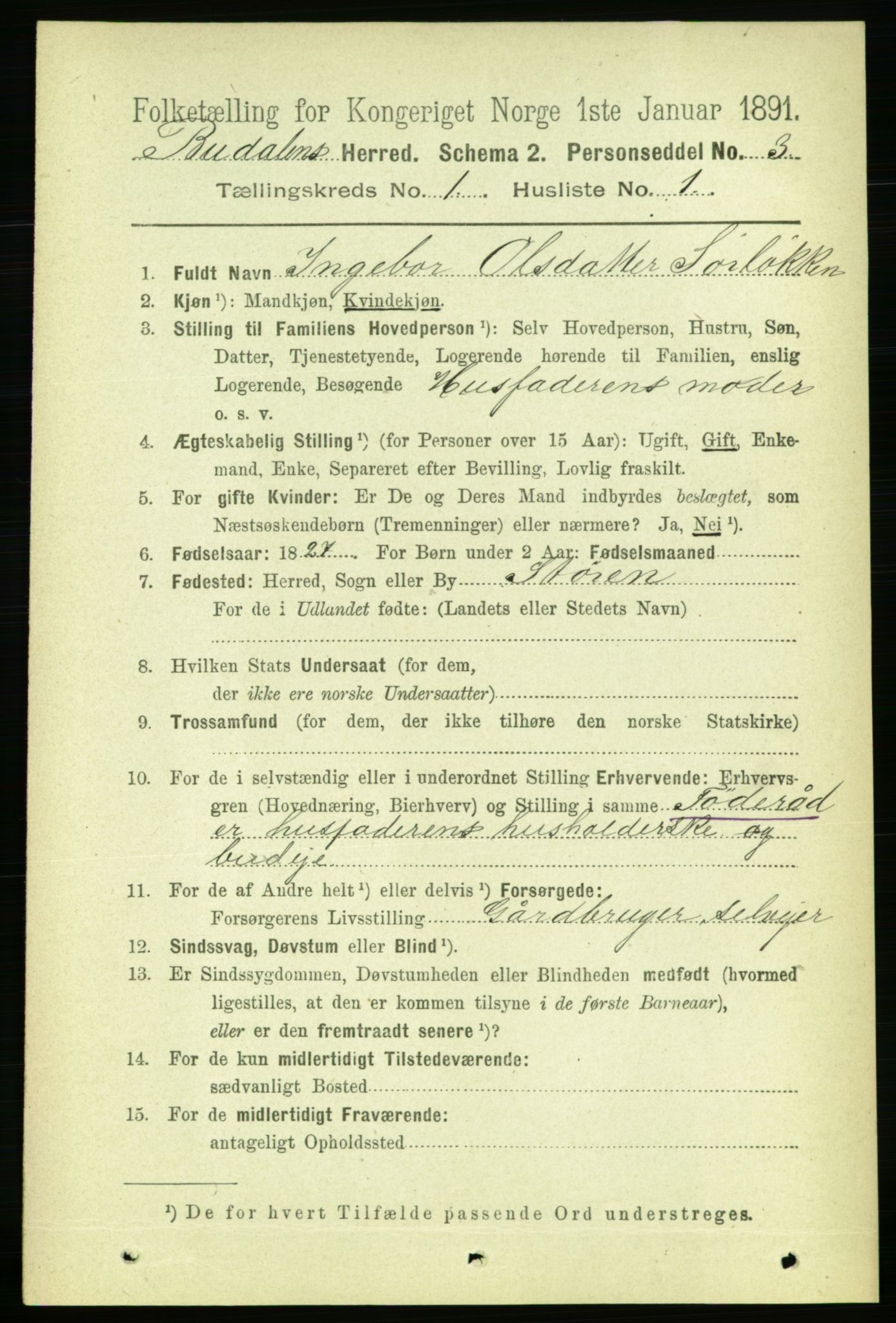 RA, 1891 census for 1647 Budal, 1891, p. 63