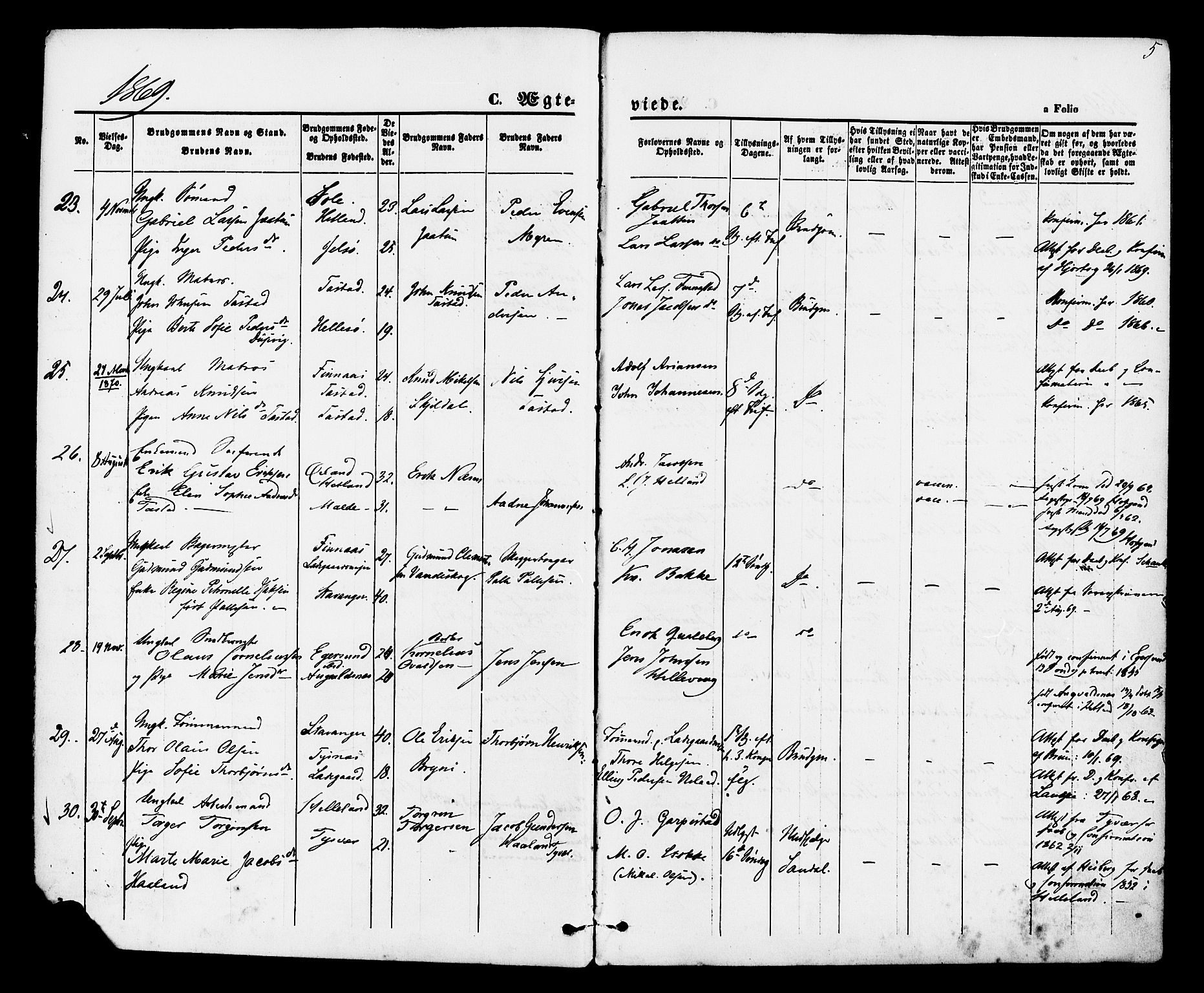 Hetland sokneprestkontor, AV/SAST-A-101826/30/30BA/L0005: Parish register (official) no. A 5, 1869-1884, p. 5