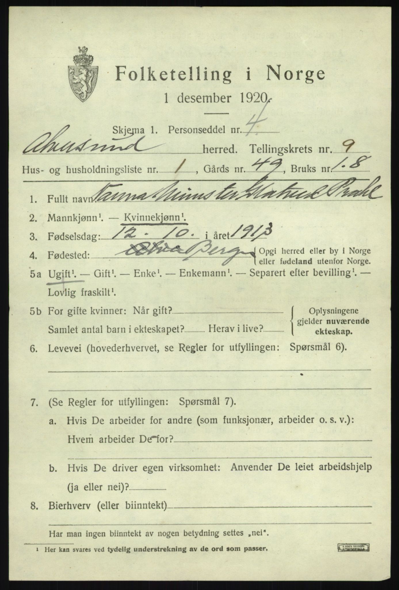 SAB, 1920 census for Alversund, 1920, p. 5316