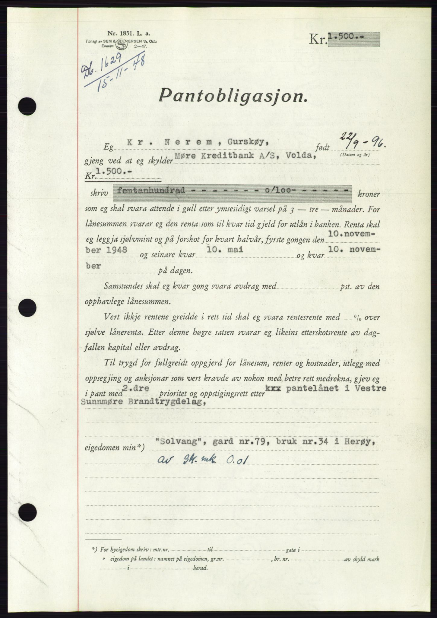 Søre Sunnmøre sorenskriveri, AV/SAT-A-4122/1/2/2C/L0116: Mortgage book no. 4B, 1948-1949, Diary no: : 1629/1948