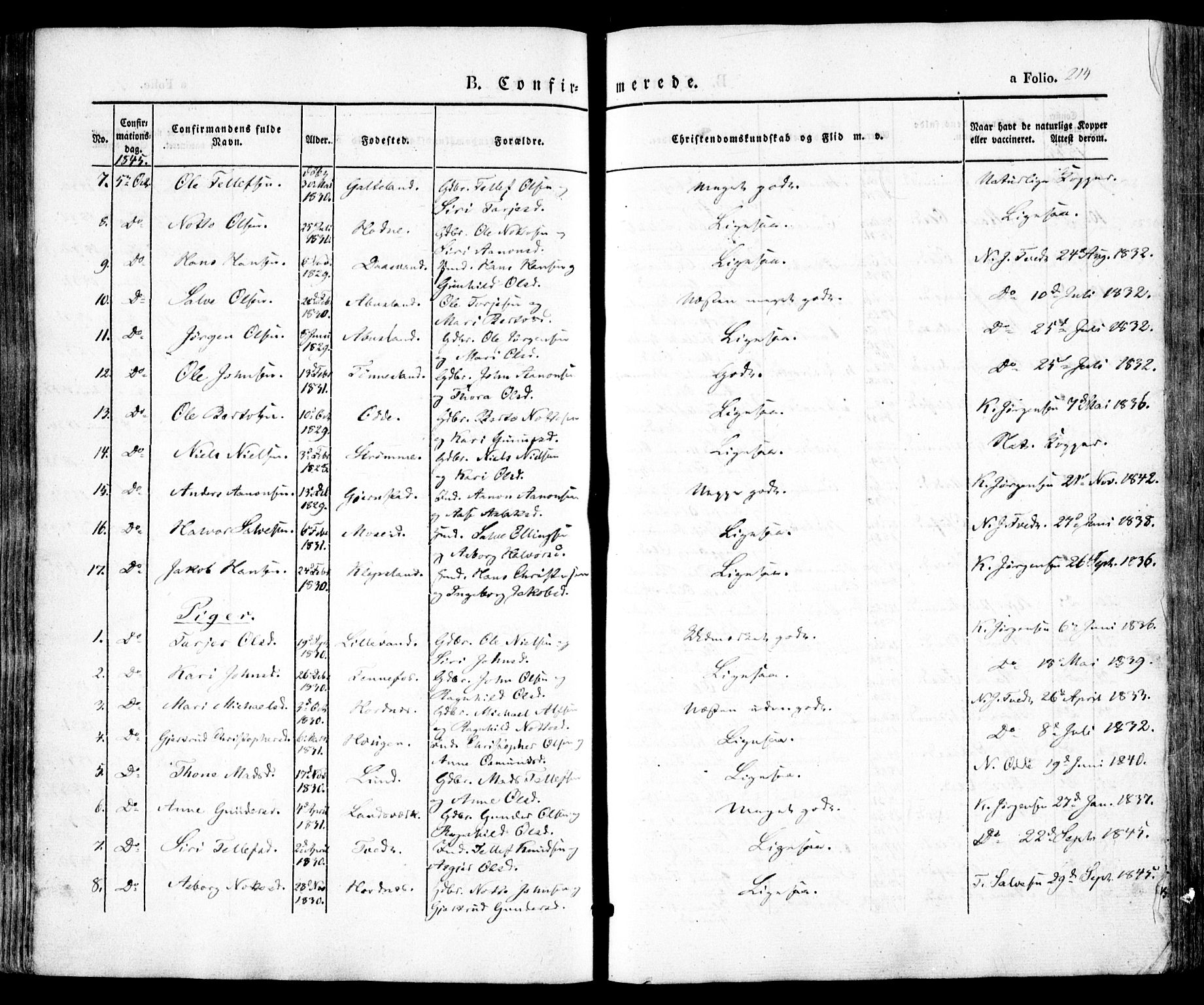 Evje sokneprestkontor, AV/SAK-1111-0008/F/Fa/Faa/L0005: Parish register (official) no. A 5, 1843-1865, p. 214