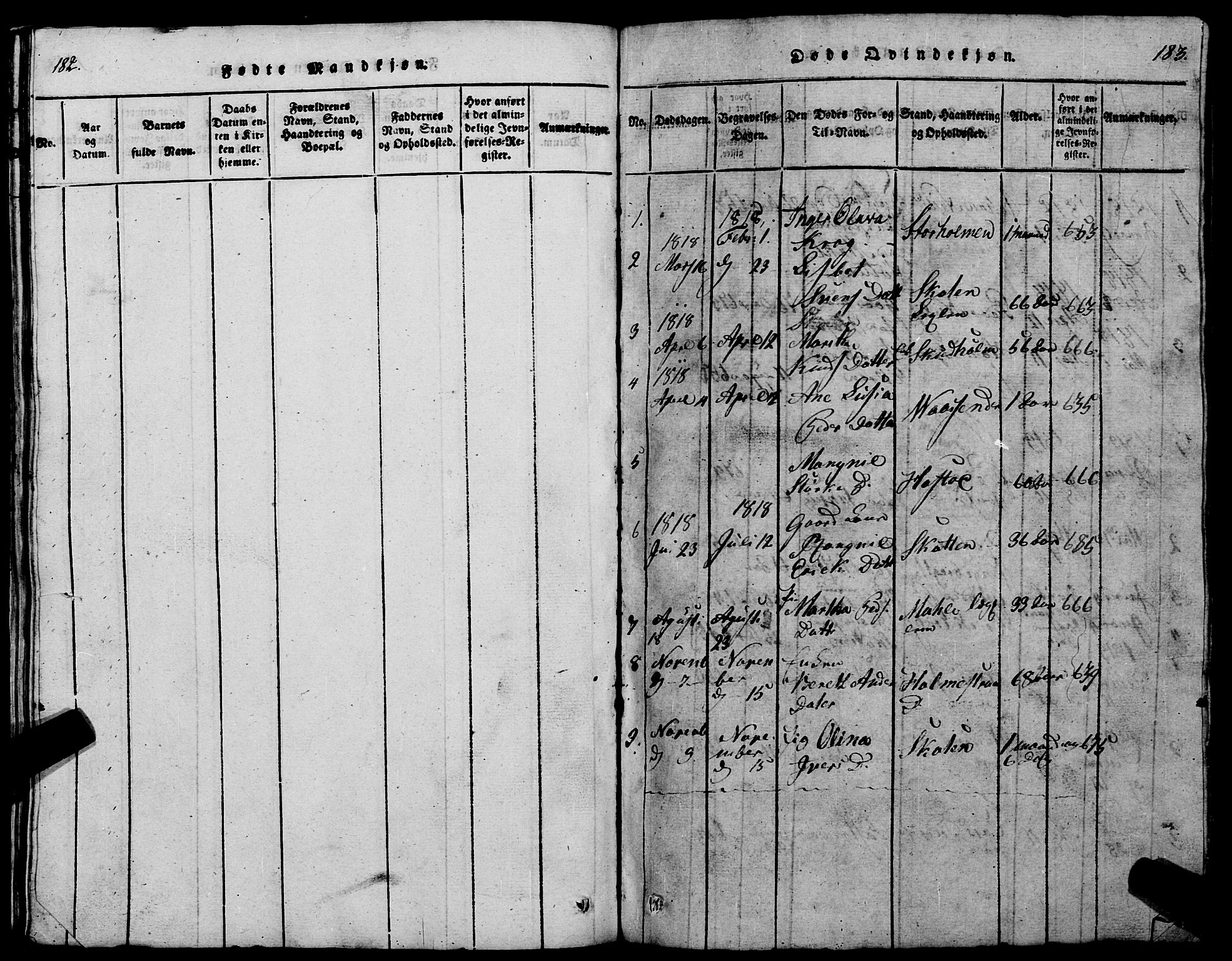 Ministerialprotokoller, klokkerbøker og fødselsregistre - Møre og Romsdal, SAT/A-1454/567/L0781: Parish register (copy) no. 567C01, 1818-1845, p. 182-183