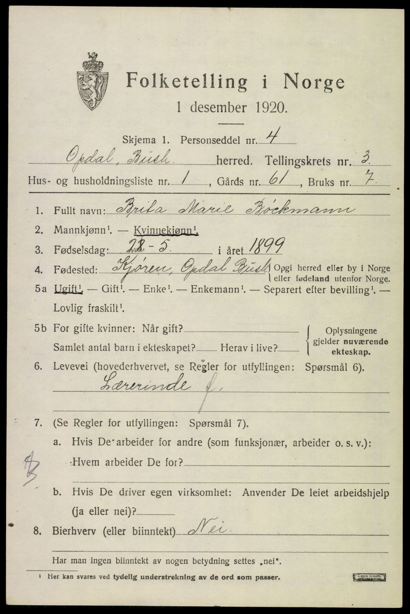 SAKO, 1920 census for Uvdal, 1920, p. 1297