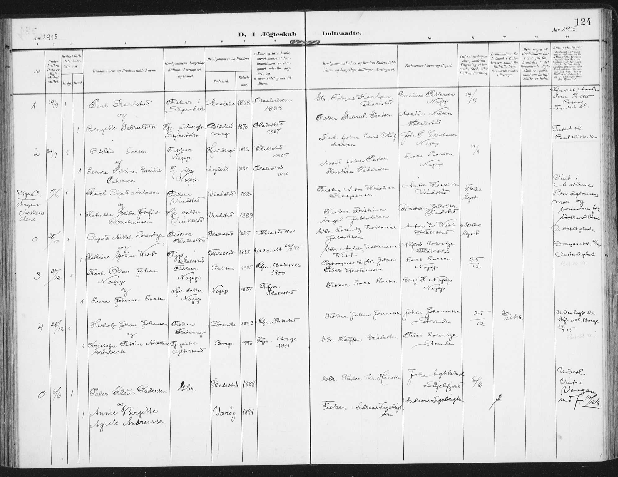 Ministerialprotokoller, klokkerbøker og fødselsregistre - Nordland, AV/SAT-A-1459/885/L1206: Parish register (official) no. 885A07, 1905-1915, p. 124