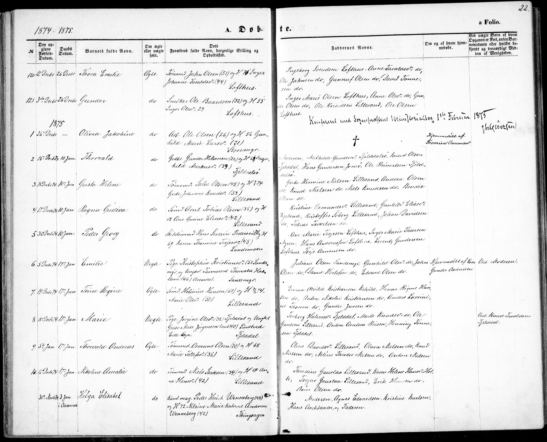 Vestre Moland sokneprestkontor, SAK/1111-0046/F/Fb/Fbb/L0005: Parish register (copy) no. B 5, 1872-1883, p. 22