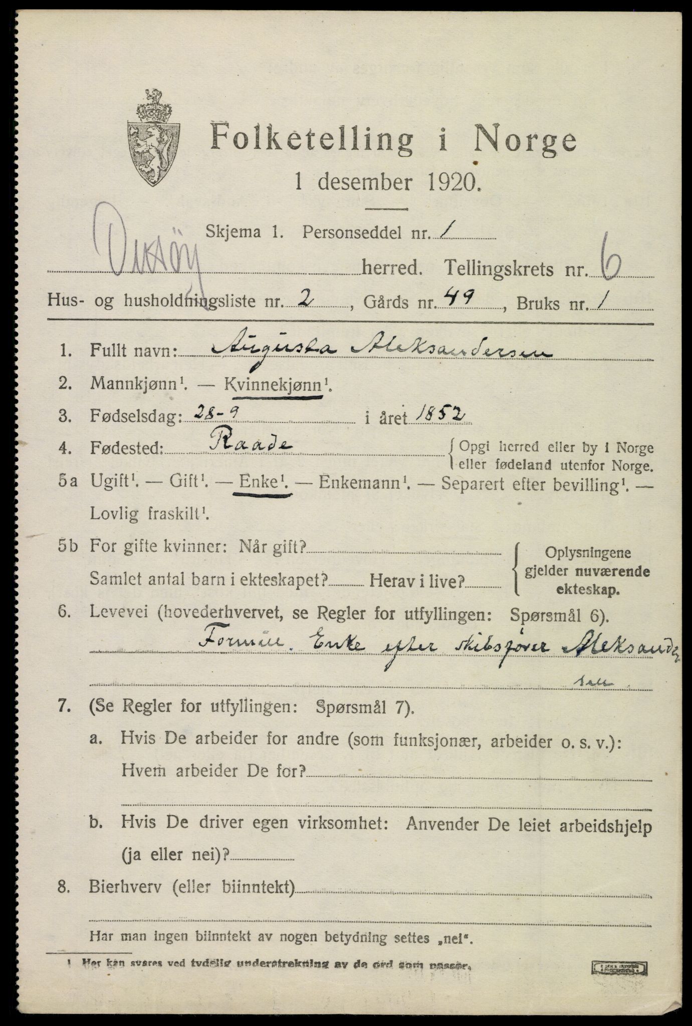 SAO, 1920 census for Onsøy, 1920, p. 8410