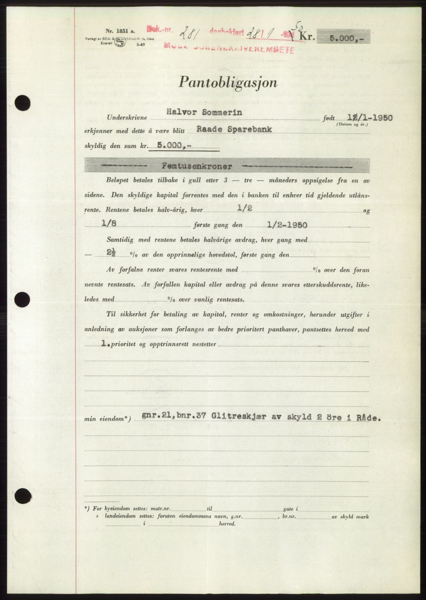 Moss sorenskriveri, SAO/A-10168: Mortgage book no. B23, 1949-1950, Diary no: : 281/1950