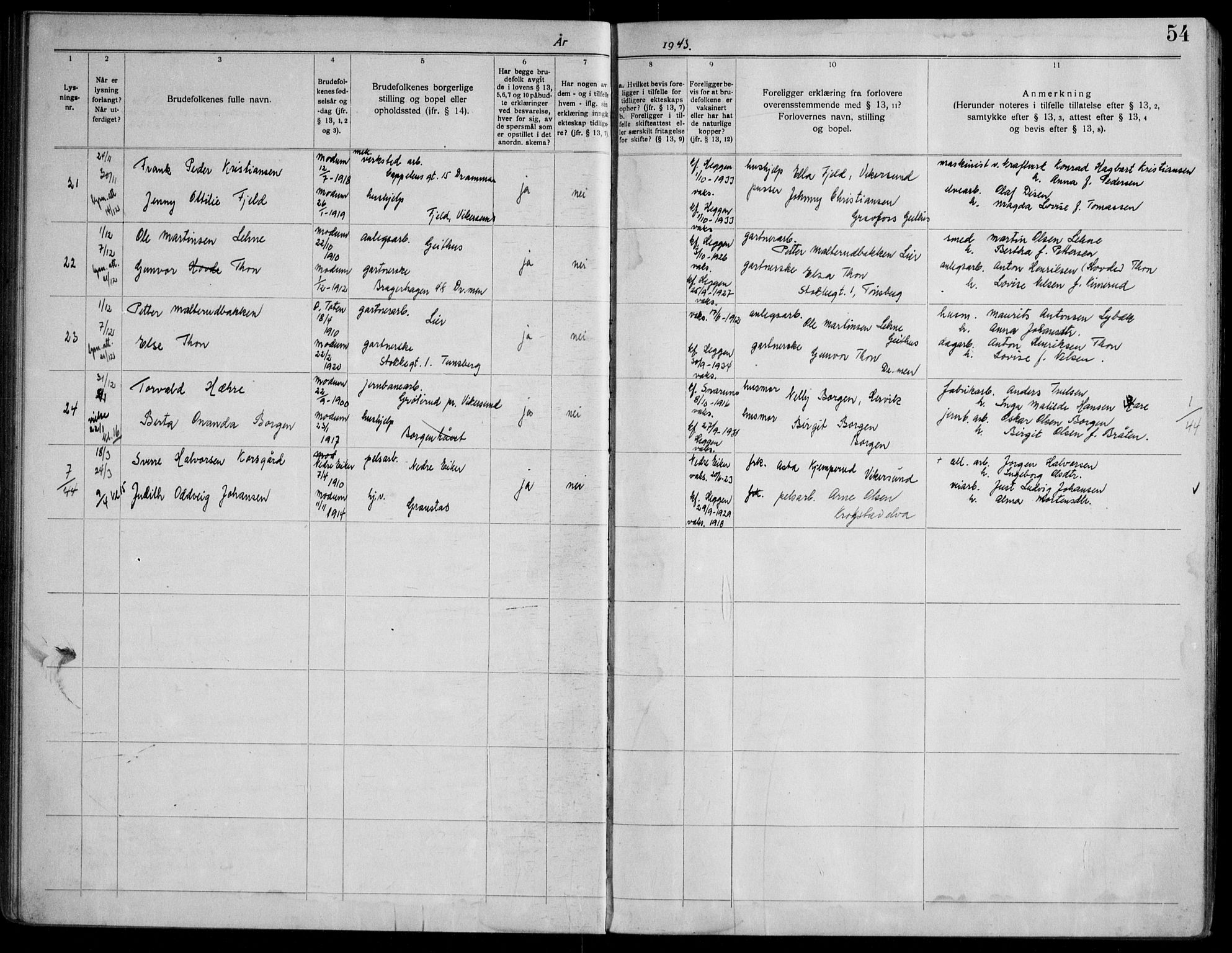 Modum kirkebøker, AV/SAKO-A-234/H/Ha/L0004: Banns register no. I 4, 1934-1947, p. 54