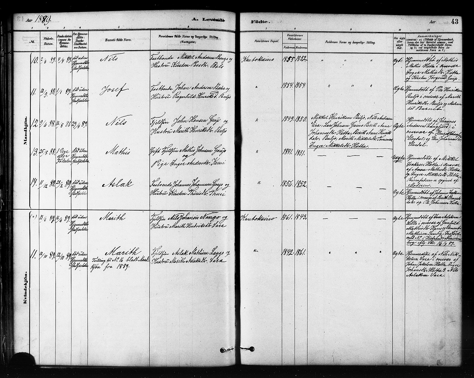 Kautokeino sokneprestembete, AV/SATØ-S-1340/H/Hb/L0002.klokk: Parish register (copy) no. 2, 1877-1896, p. 43