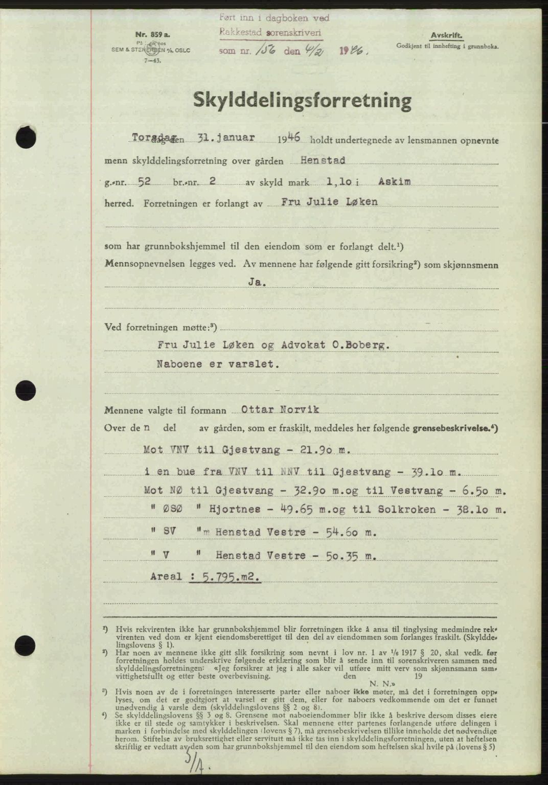 Rakkestad sorenskriveri, AV/SAO-A-10686/G/Gb/Gba/Gbab/L0012a: Mortgage book no. A12 I, 1945-1946, Diary no: : 156/1946