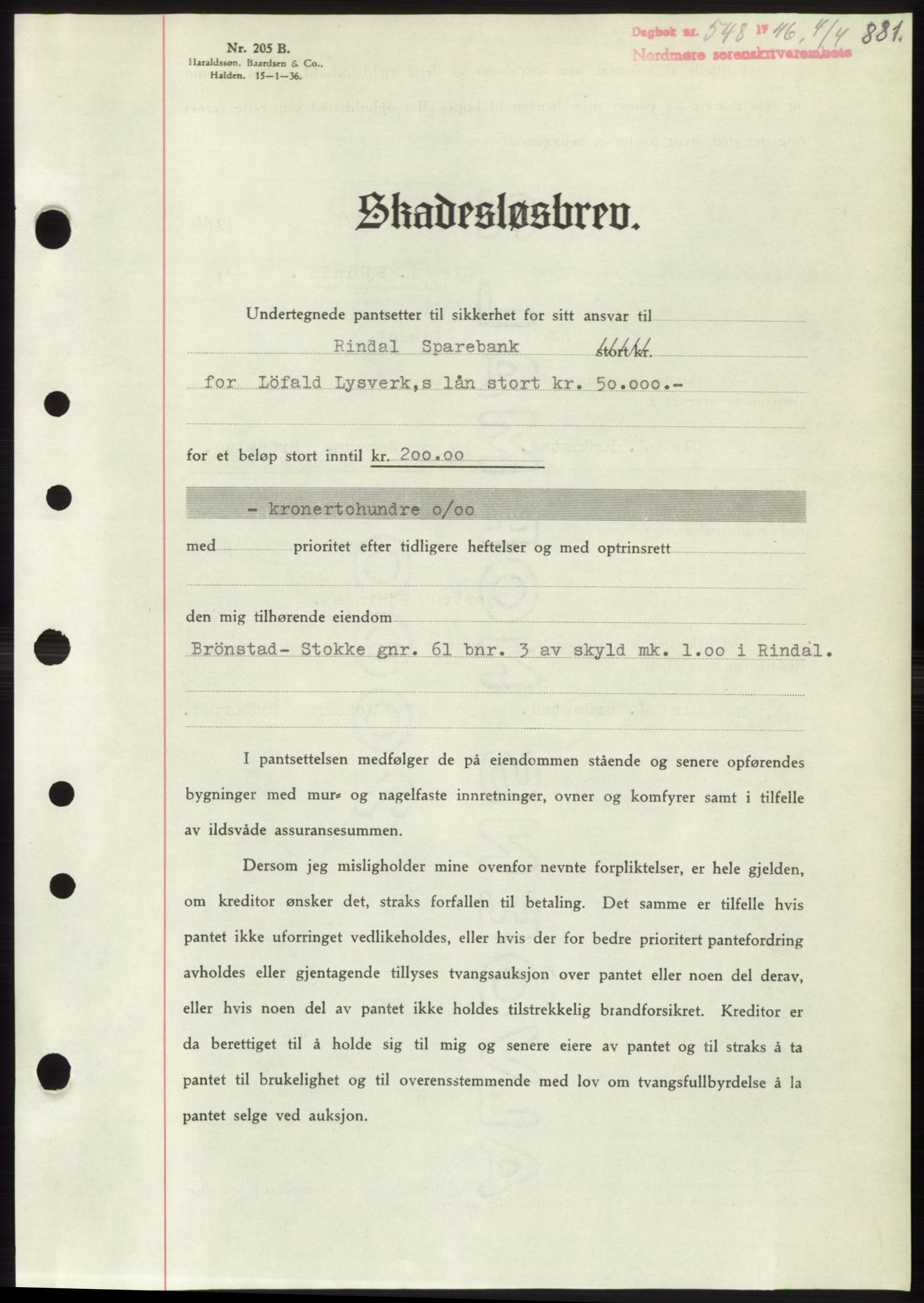 Nordmøre sorenskriveri, AV/SAT-A-4132/1/2/2Ca: Mortgage book no. B93b, 1946-1946, Diary no: : 548/1946