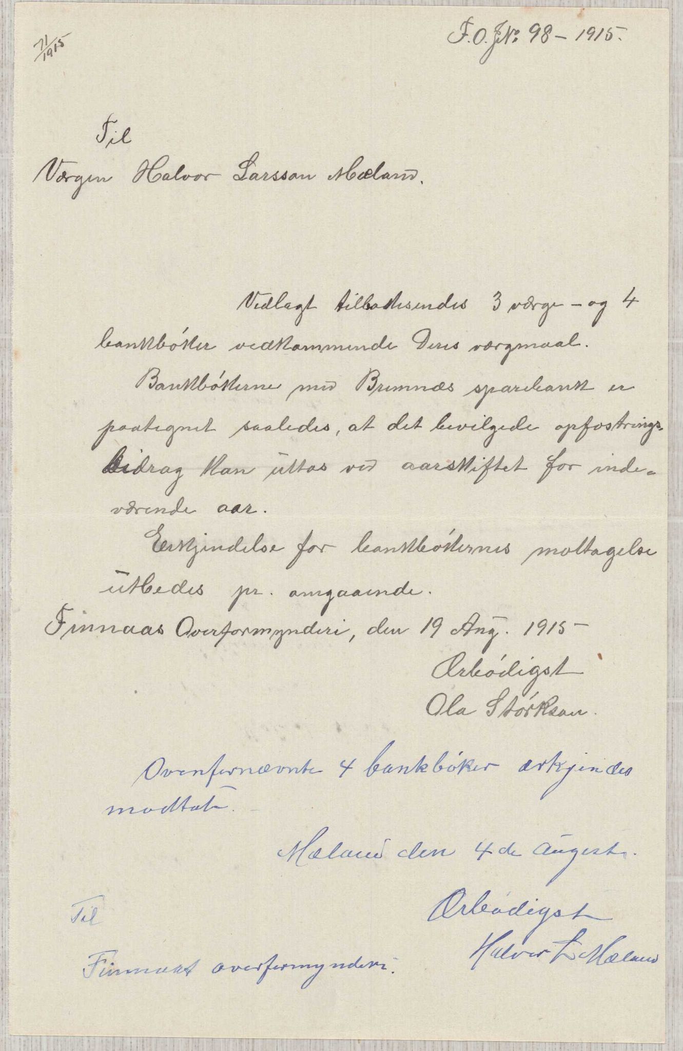 Finnaas kommune. Overformynderiet, IKAH/1218a-812/D/Da/Daa/L0003/0001: Kronologisk ordna korrespondanse / Kronologisk ordna korrespondanse, 1914-1916, p. 76