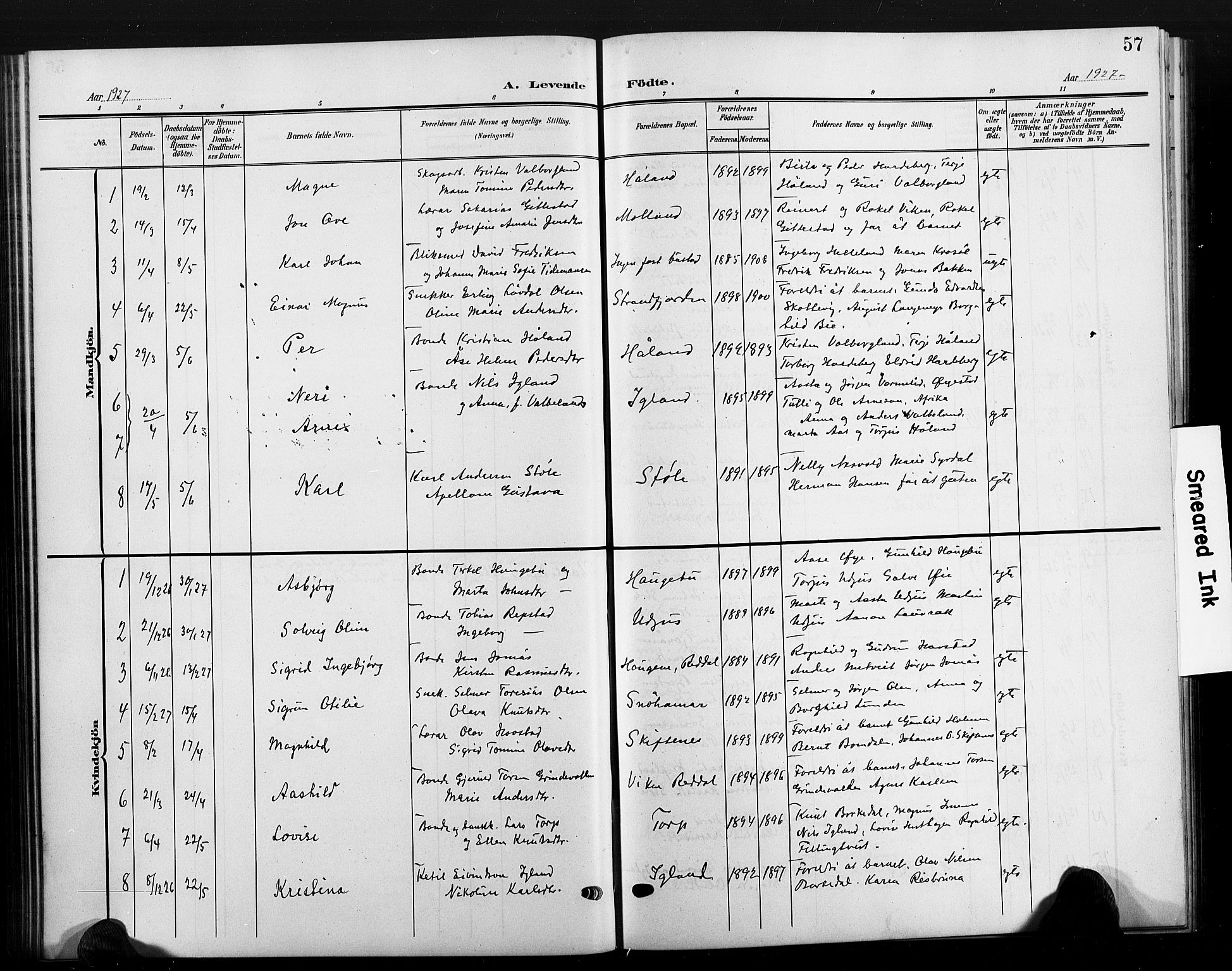 Hommedal sokneprestkontor, AV/SAK-1111-0023/F/Fb/Fbb/L0008: Parish register (copy) no. B 8, 1905-1929, p. 57