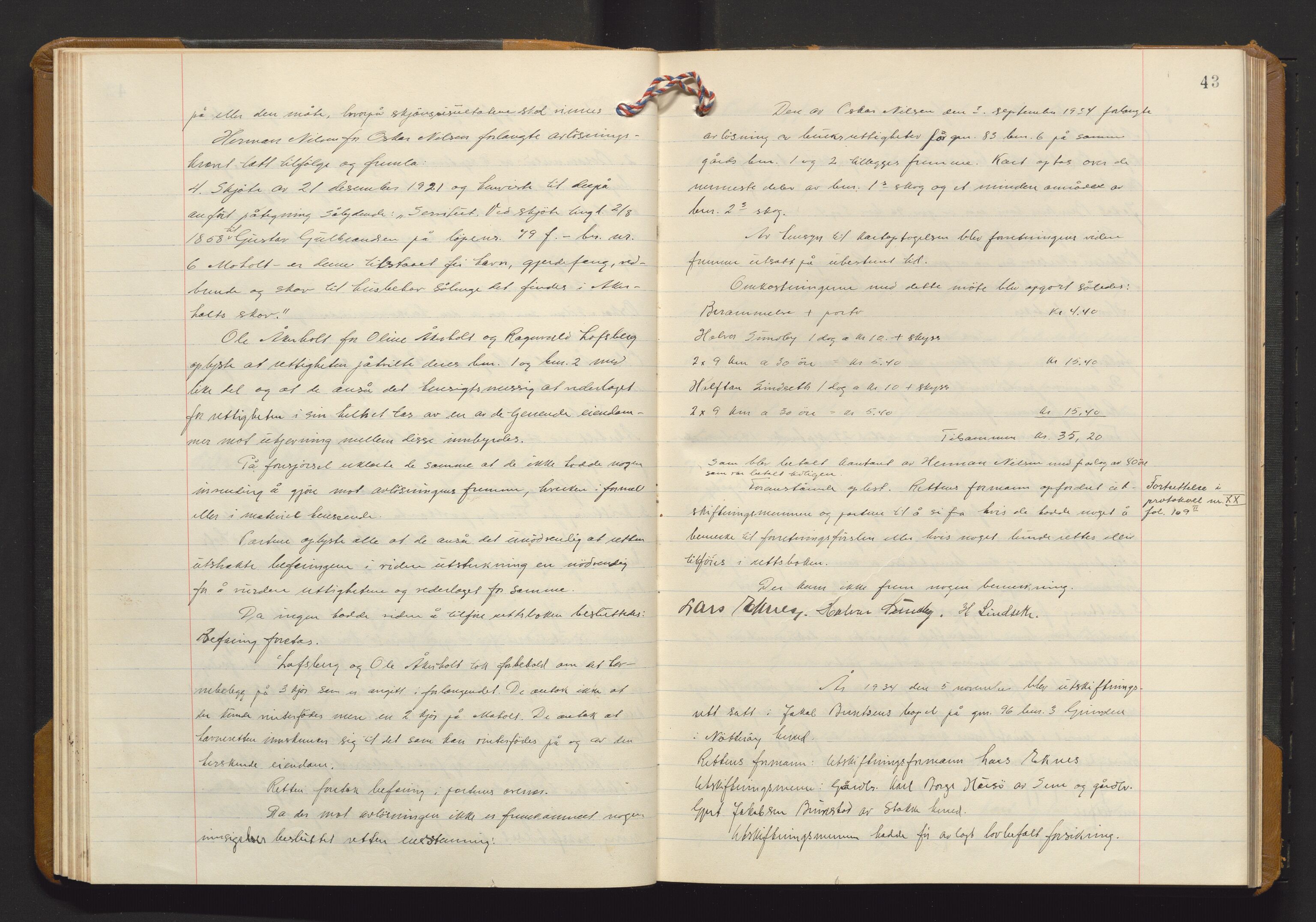 Utskiftningsvesenet i Vestfold, AV/SAKO-A-797/F/Fa/L0021: Rettsbok (forhandlingsprotokoll), 1934-1935, p. 42b-43a