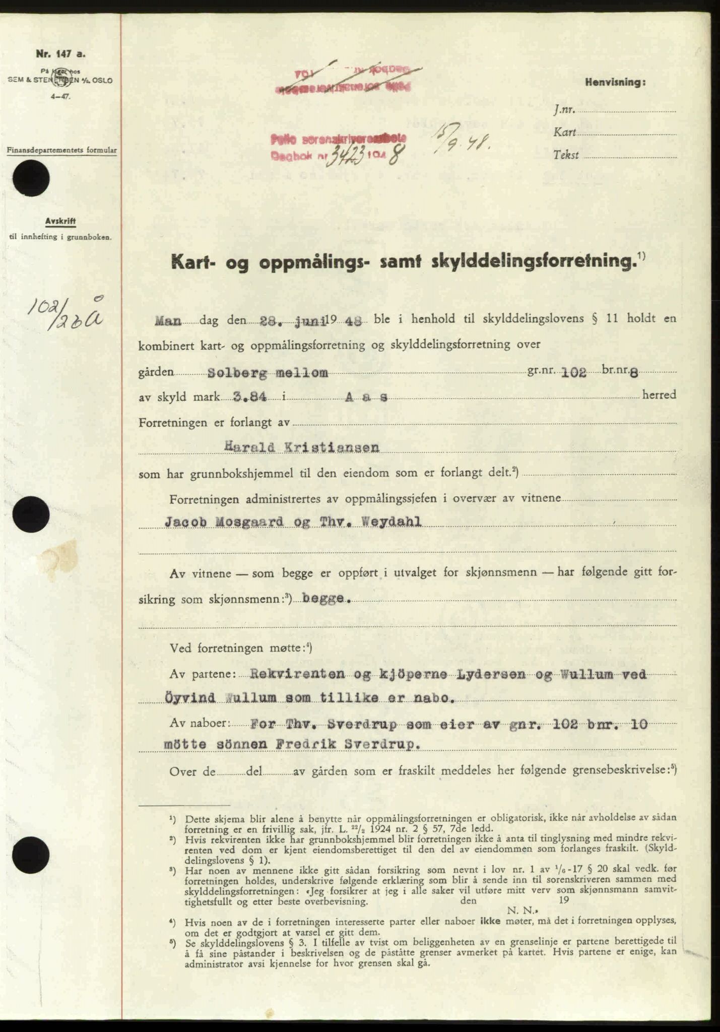 Follo sorenskriveri, SAO/A-10274/G/Ga/Gaa/L0085: Mortgage book no. I 85, 1948-1948, Diary no: : 3423/1948