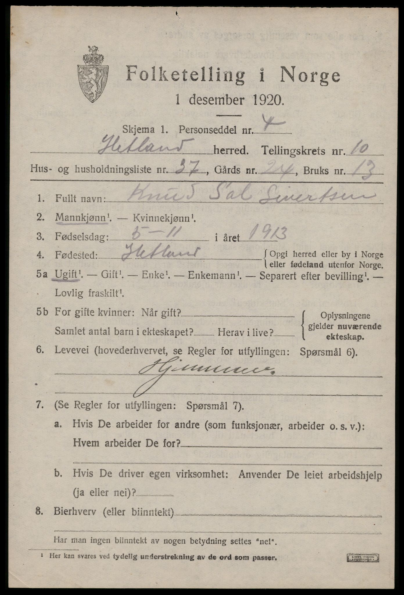 SAST, 1920 census for Hetland, 1920, p. 19389