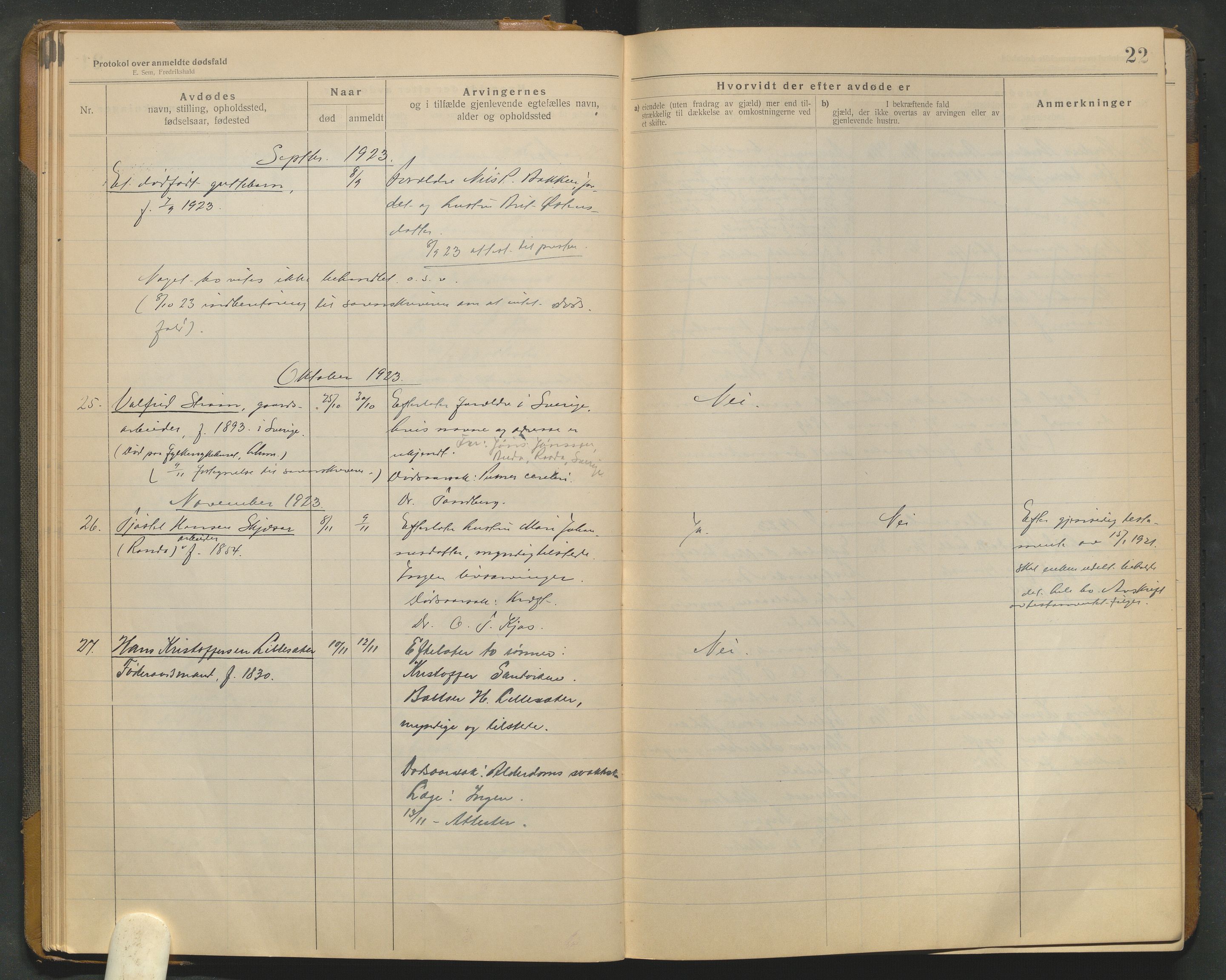 Lom lensmannskontor, AV/SAH-PGL-006/H/Ha/Haa/L0001/0004: Dødsfallsprotokoller / Dødsfallsprotokoll, 1922-1937, p. 22