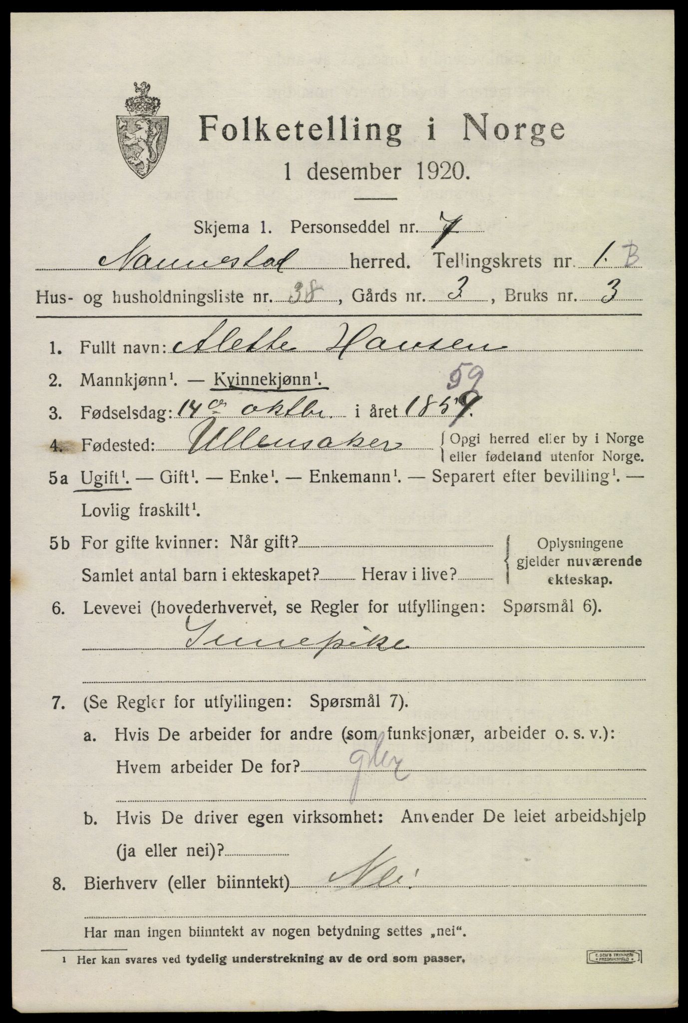 SAO, 1920 census for Nannestad, 1920, p. 2303