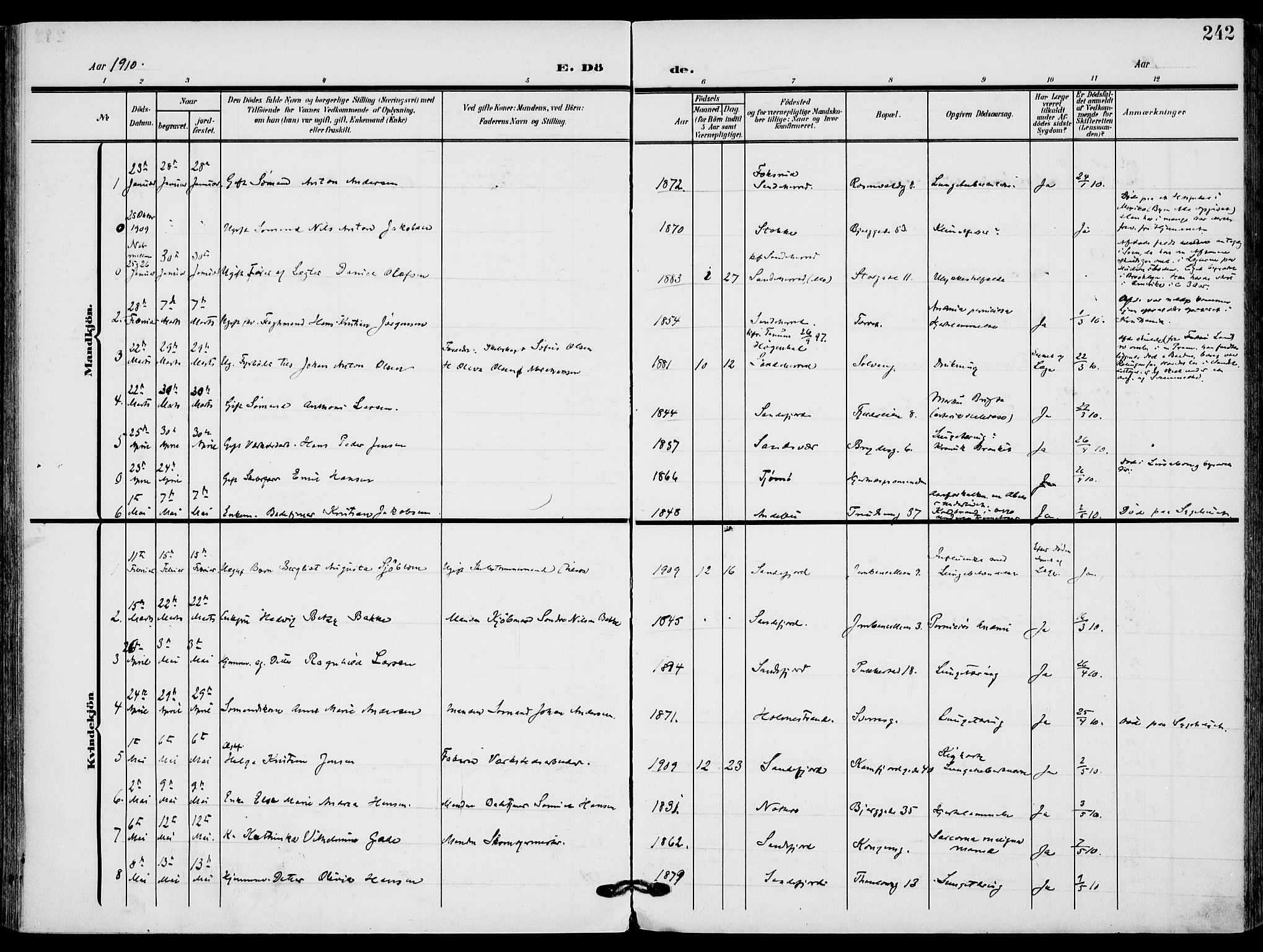 Sandefjord kirkebøker, SAKO/A-315/F/Fa/L0005: Parish register (official) no. 5, 1906-1915, p. 242