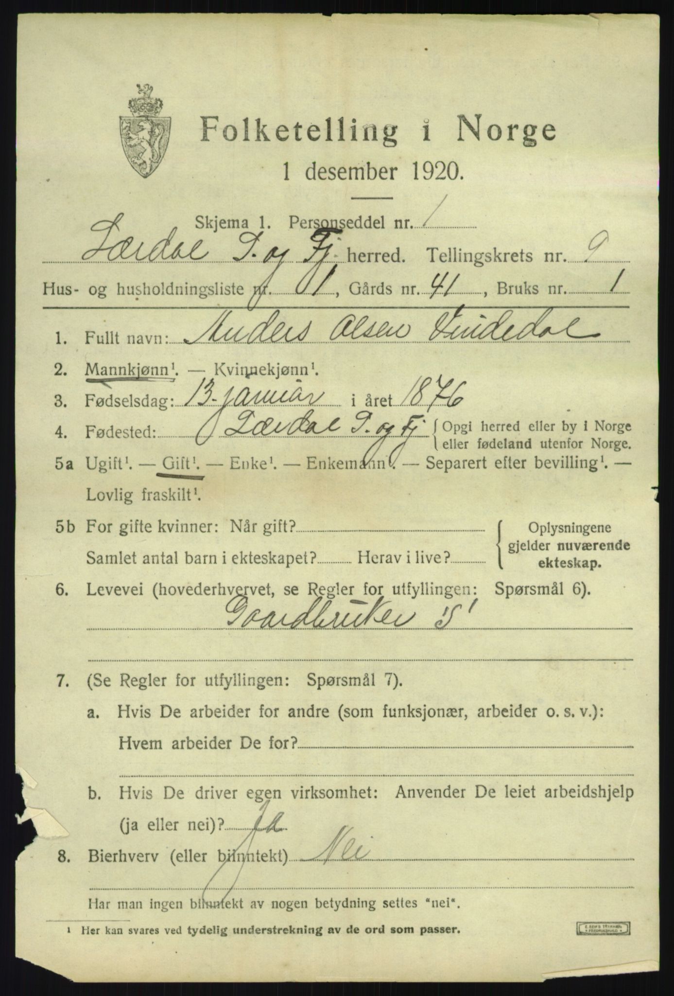 SAB, 1920 census for Lærdal, 1920, p. 4250