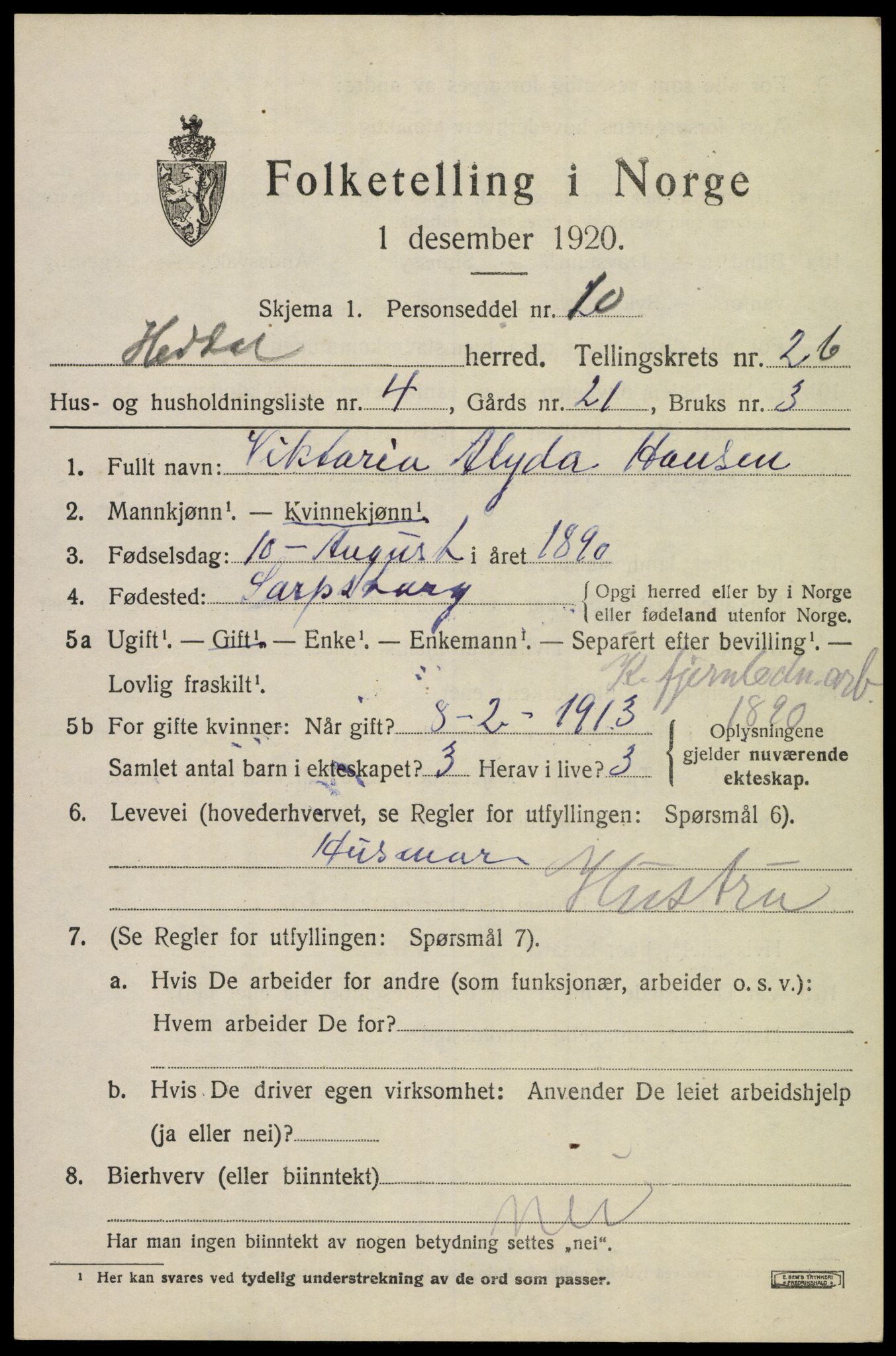 SAKO, 1920 census for Heddal, 1920, p. 3016