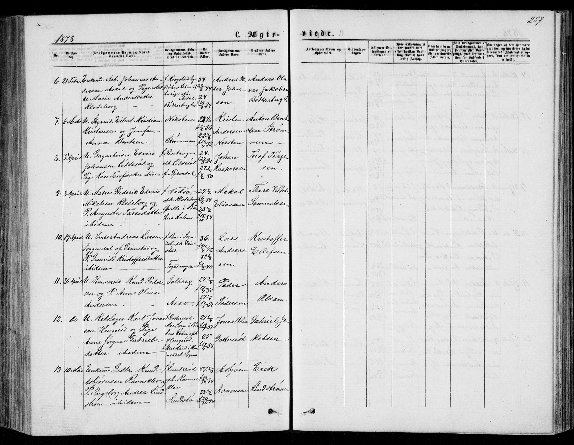 Øyestad sokneprestkontor, AV/SAK-1111-0049/F/Fb/L0008: Parish register (copy) no. B 8, 1872-1886, p. 257