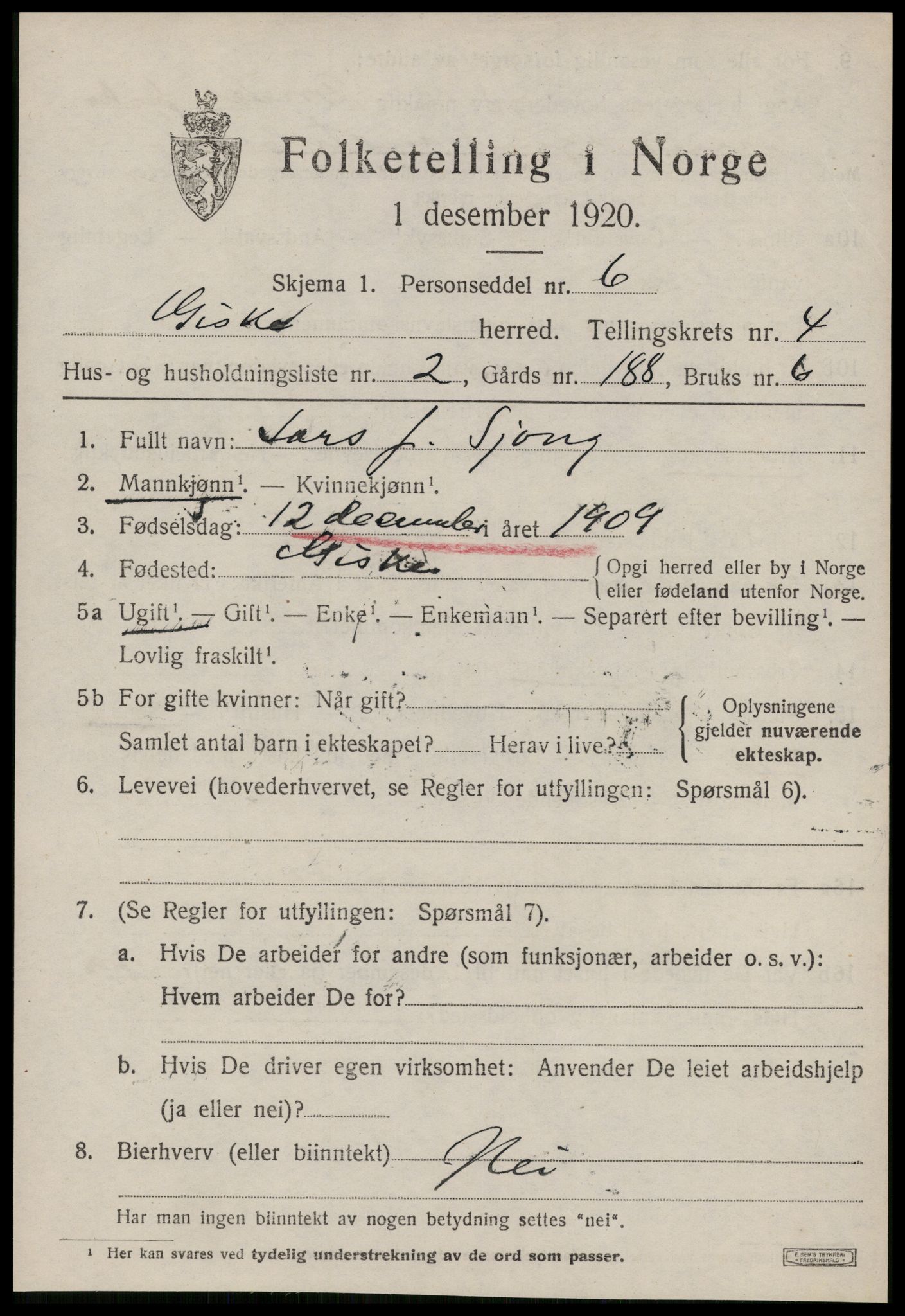 SAT, 1920 census for Giske, 1920, p. 2656
