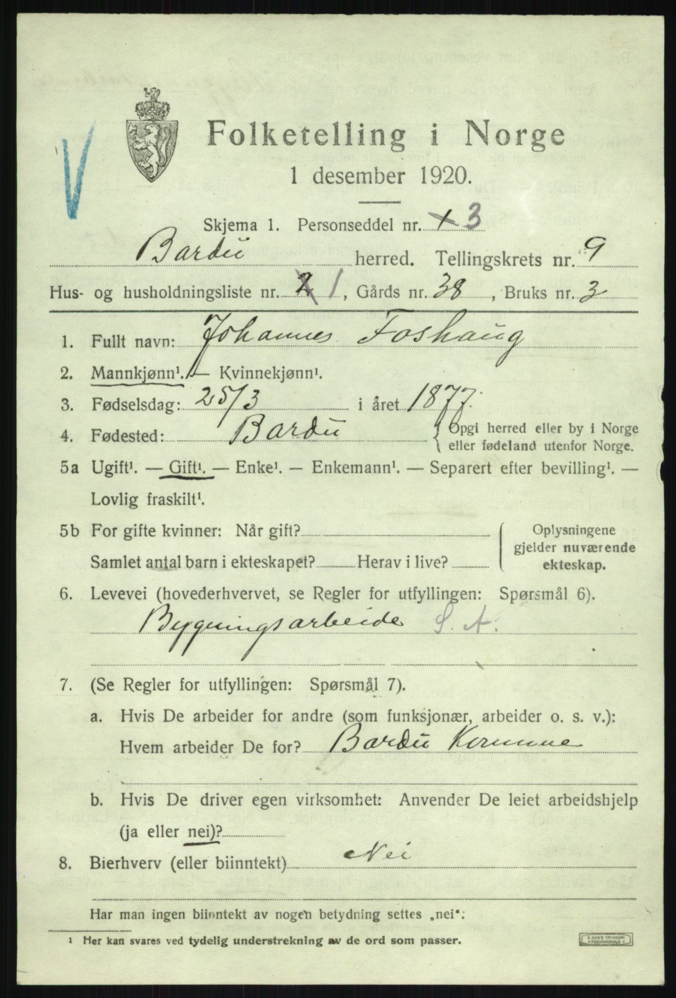 SATØ, 1920 census for Bardu, 1920, p. 3171