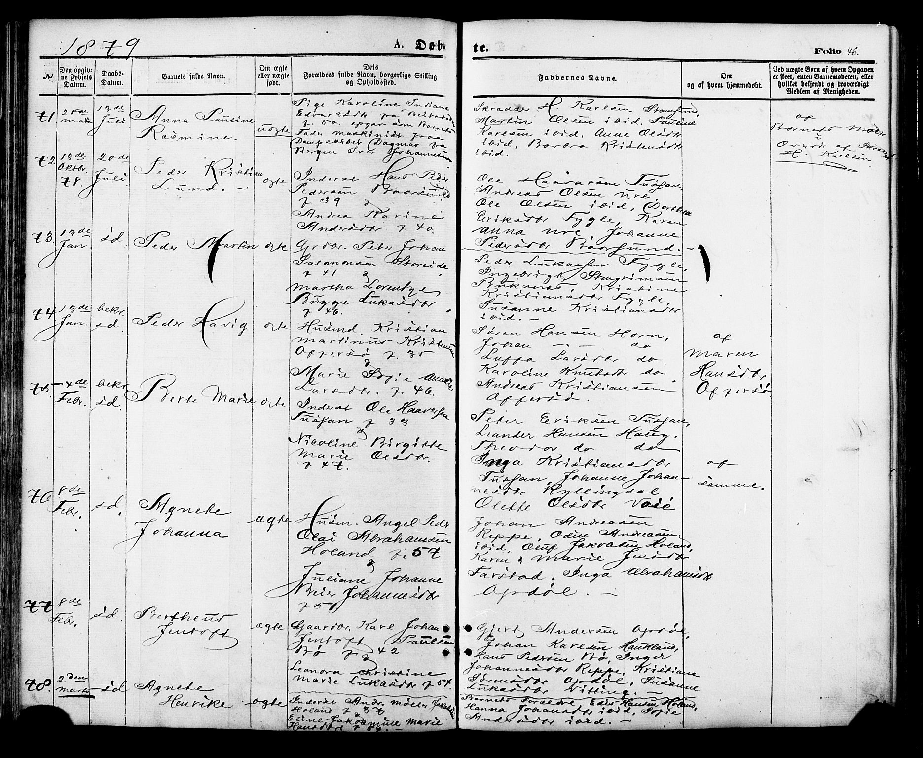 Ministerialprotokoller, klokkerbøker og fødselsregistre - Nordland, SAT/A-1459/881/L1166: Parish register (copy) no. 881C03, 1876-1885, p. 46
