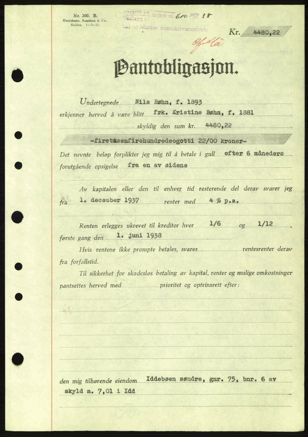 Idd og Marker sorenskriveri, AV/SAO-A-10283/G/Gb/Gbc/L0001: Mortgage book no. B1-3, 1936-1939, Diary no: : 610/1938