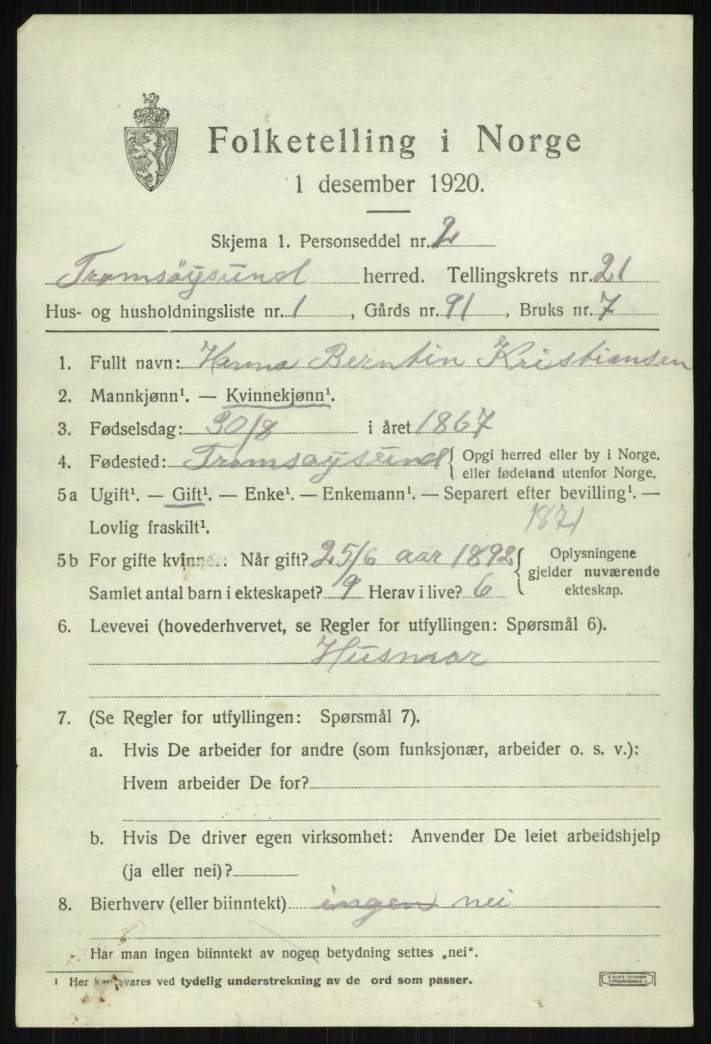 SATØ, 1920 census for Tromsøysund, 1920, p. 10934