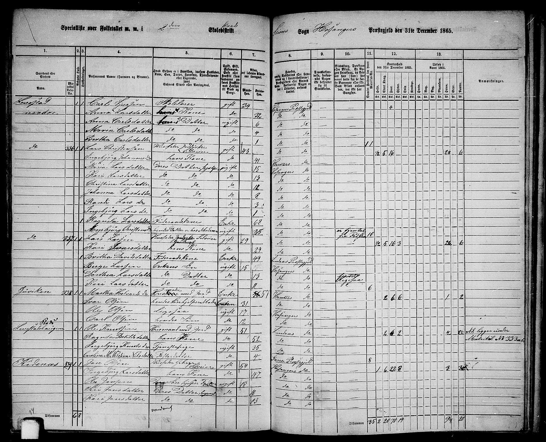 RA, 1865 census for Hosanger, 1865, p. 157