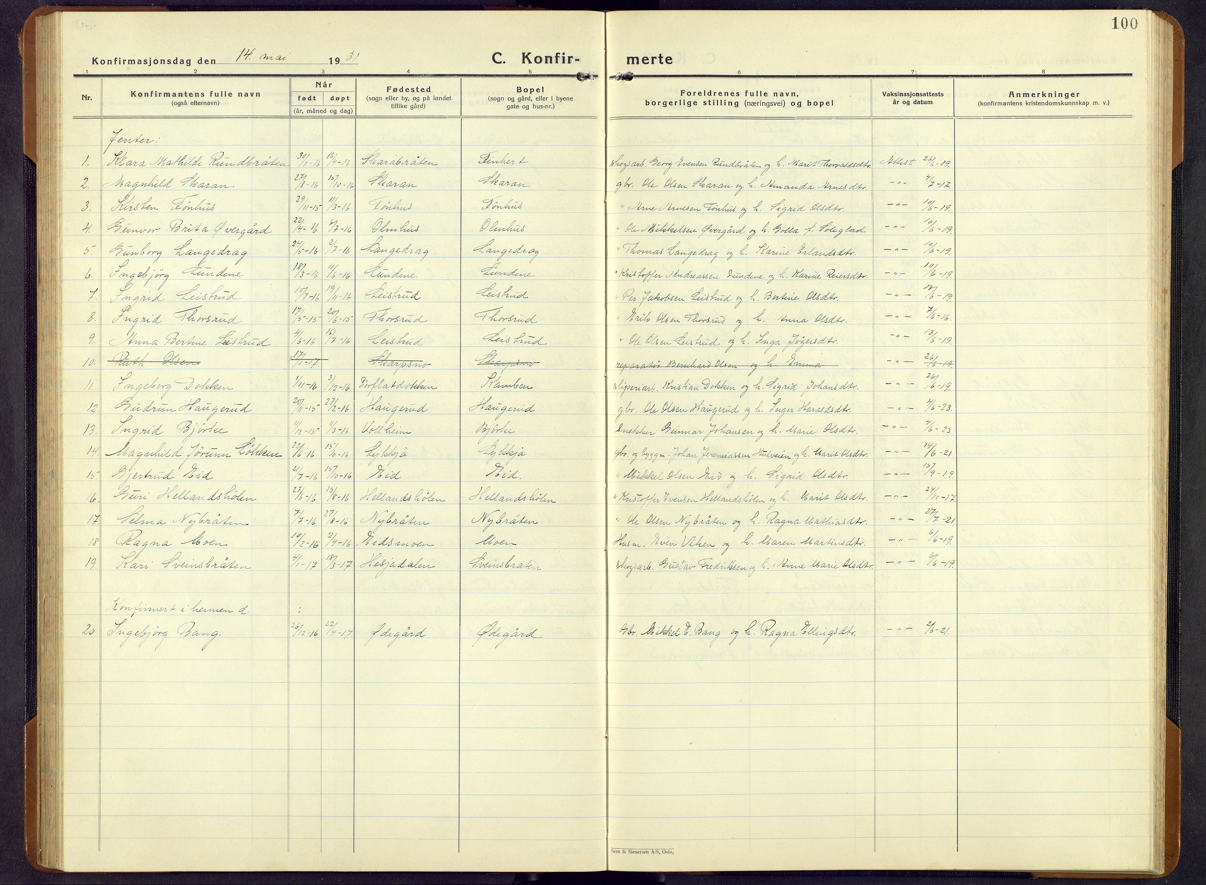 Sør-Aurdal prestekontor, SAH/PREST-128/H/Ha/Hab/L0011: Parish register (copy) no. 11, 1922-1950, p. 100