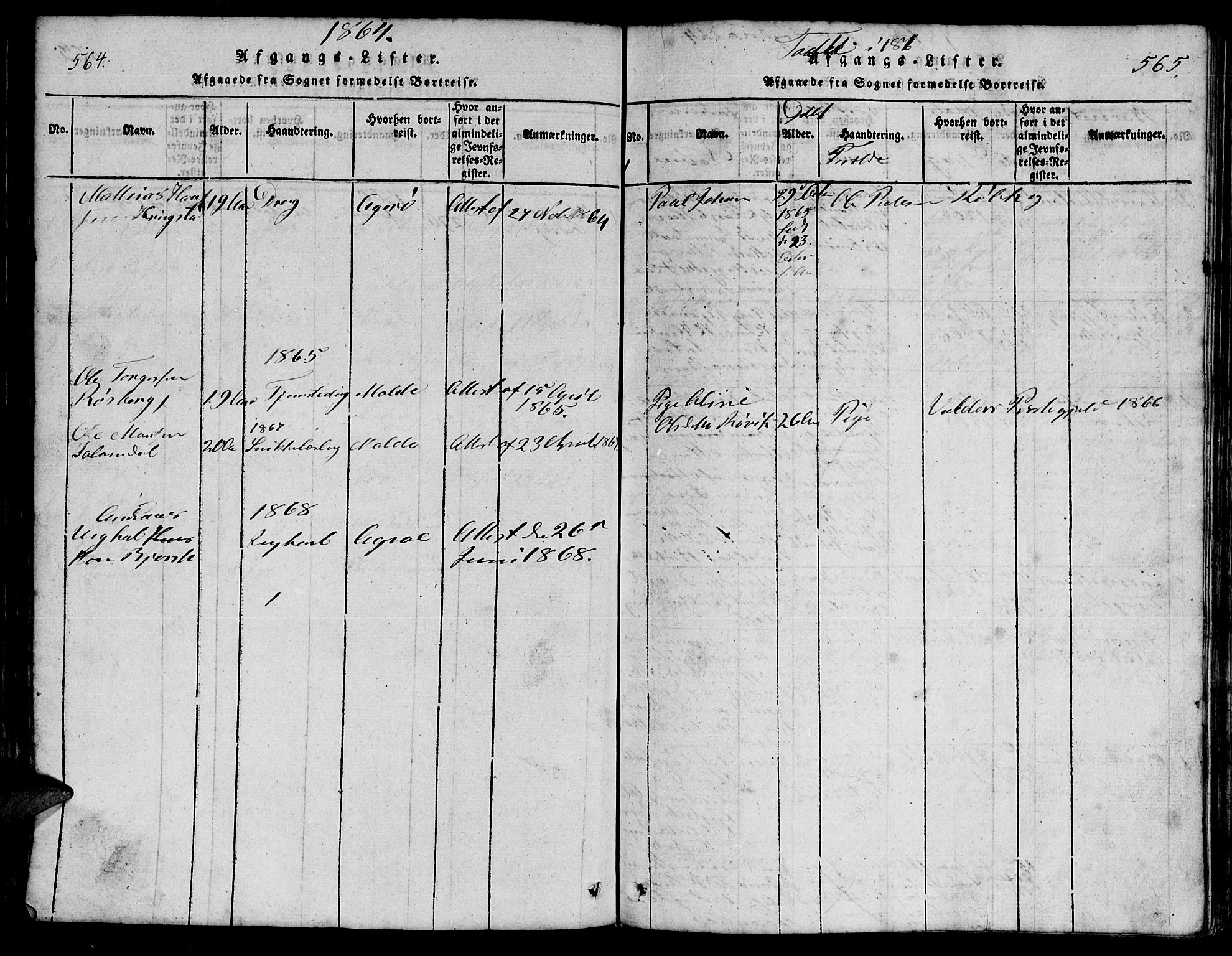 Ministerialprotokoller, klokkerbøker og fødselsregistre - Møre og Romsdal, SAT/A-1454/555/L0665: Parish register (copy) no. 555C01, 1818-1868, p. 564-565