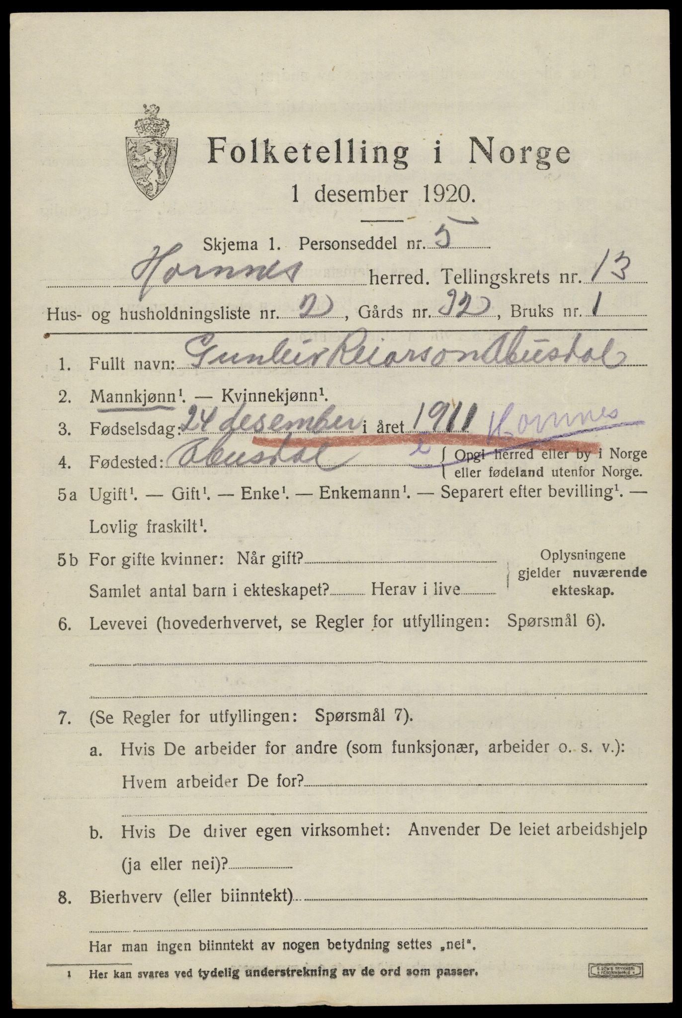 SAK, 1920 census for Hornnes, 1920, p. 3073