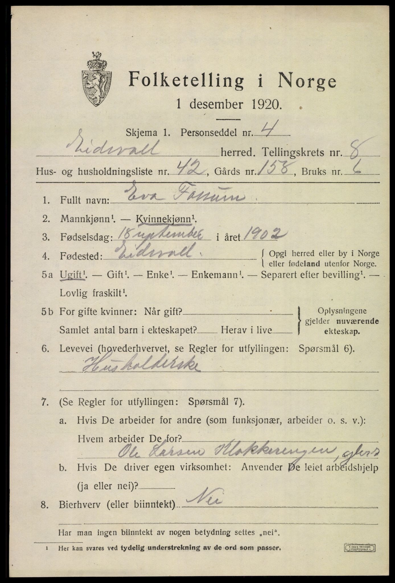 SAO, 1920 census for Eidsvoll, 1920, p. 13421