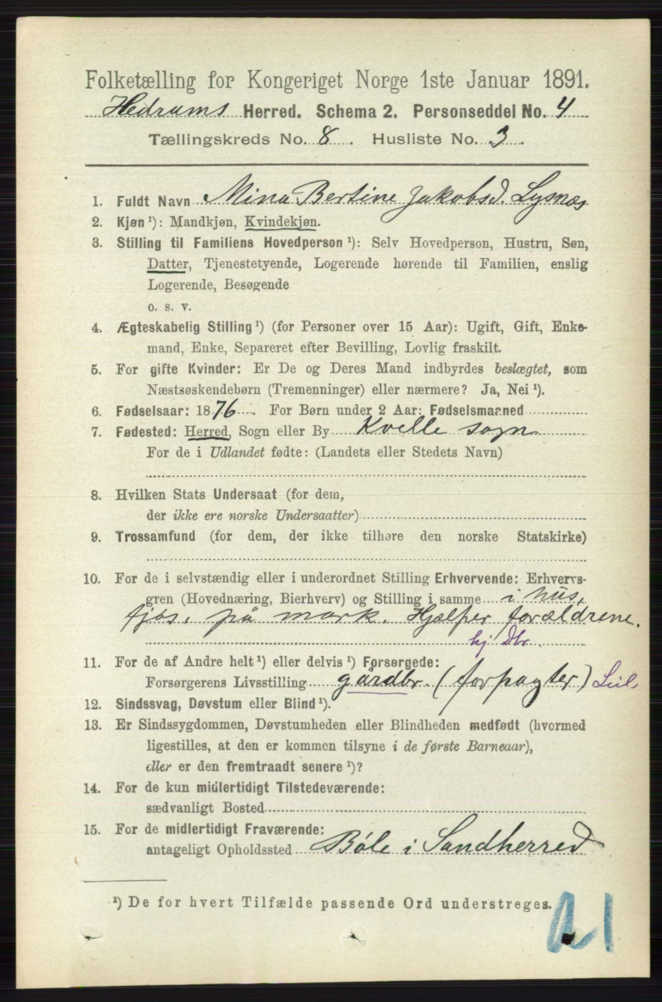 RA, 1891 census for 0727 Hedrum, 1891, p. 3487