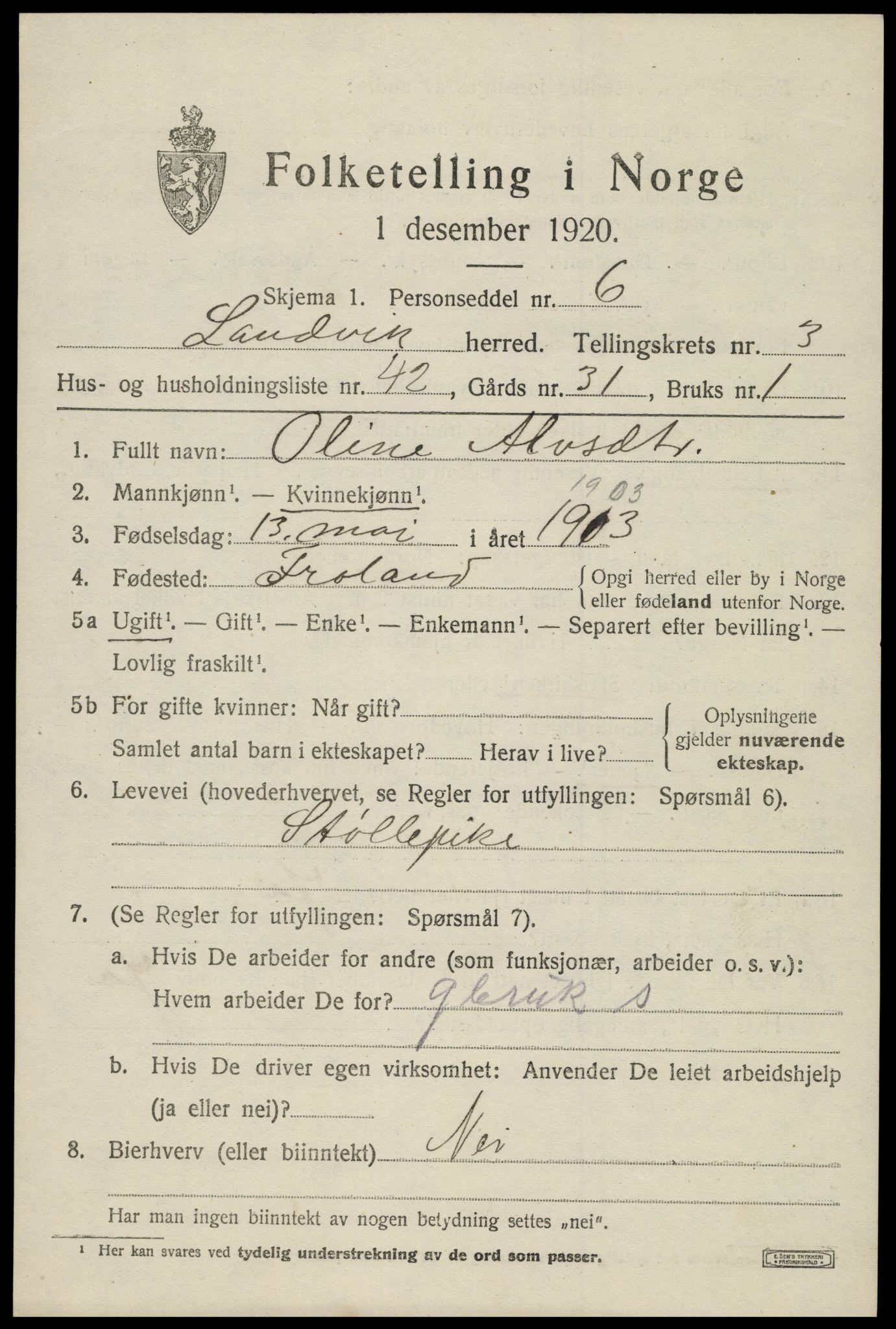 SAK, 1920 census for Landvik, 1920, p. 3316
