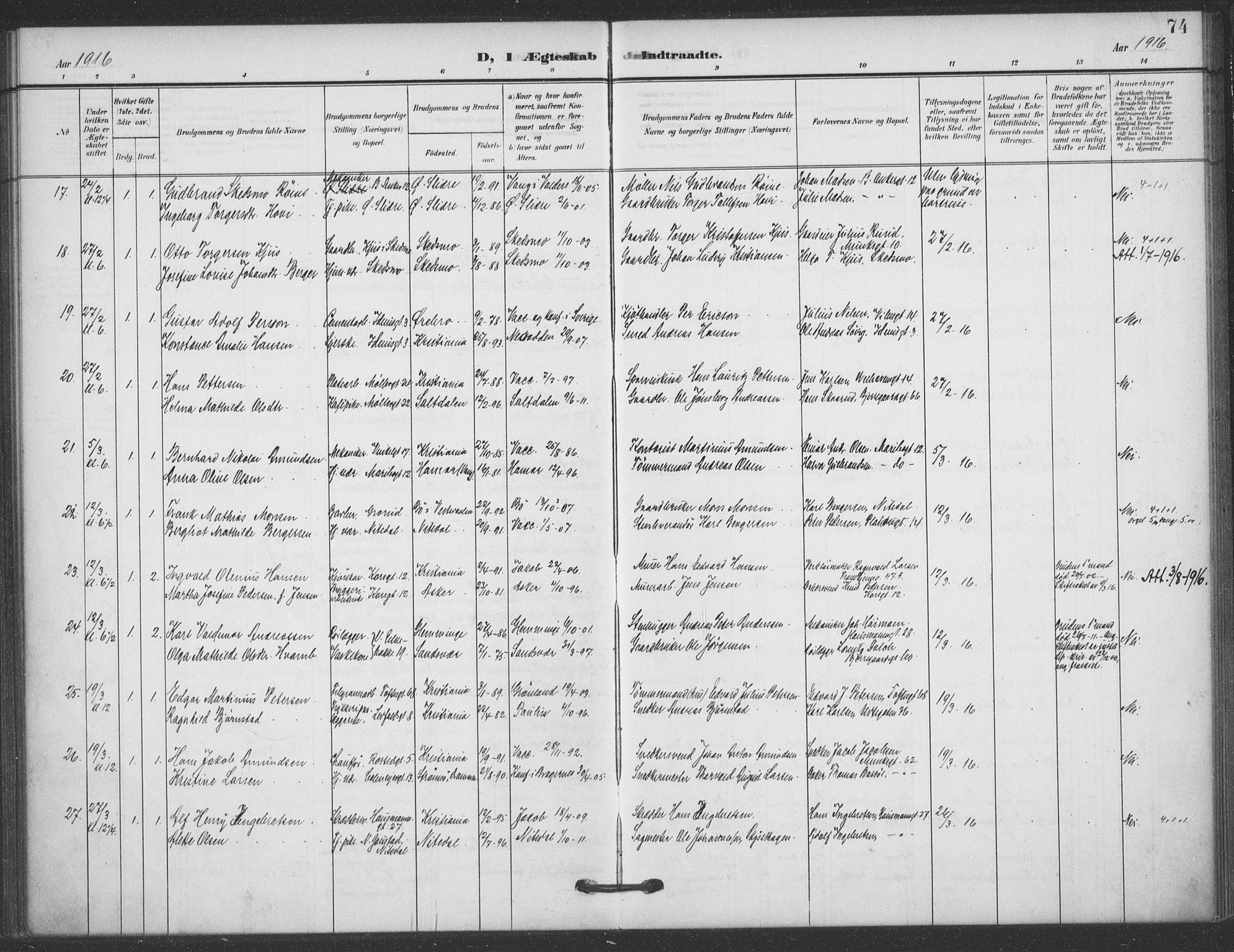 Jakob prestekontor Kirkebøker, AV/SAO-A-10850/F/Fa/L0010: Parish register (official) no. 10, 1908-1922, p. 74