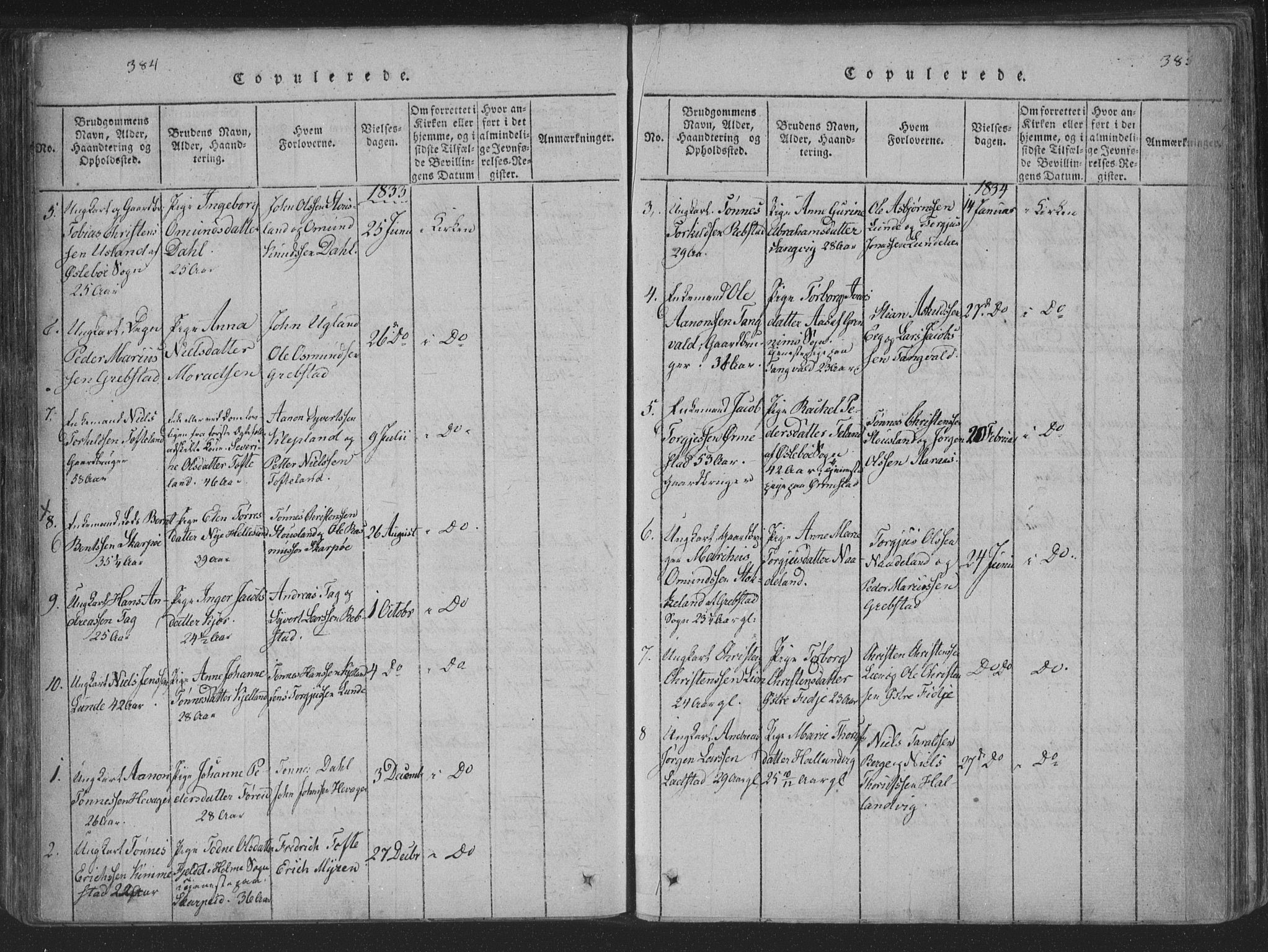 Søgne sokneprestkontor, SAK/1111-0037/F/Fa/Fab/L0008: Parish register (official) no. A 8, 1821-1838, p. 384-385