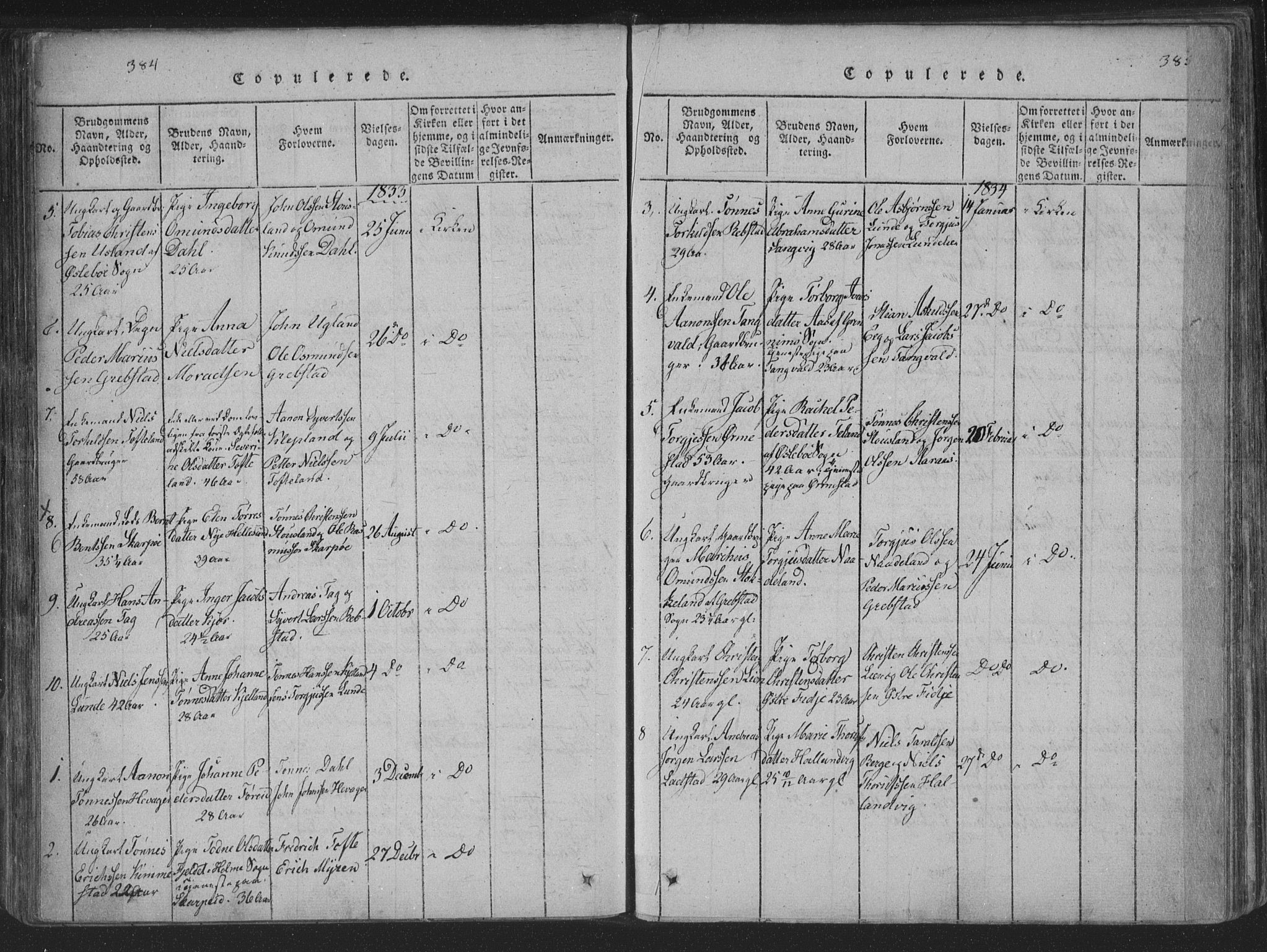 Søgne sokneprestkontor, AV/SAK-1111-0037/F/Fa/Fab/L0008: Parish register (official) no. A 8, 1821-1838, p. 384-385