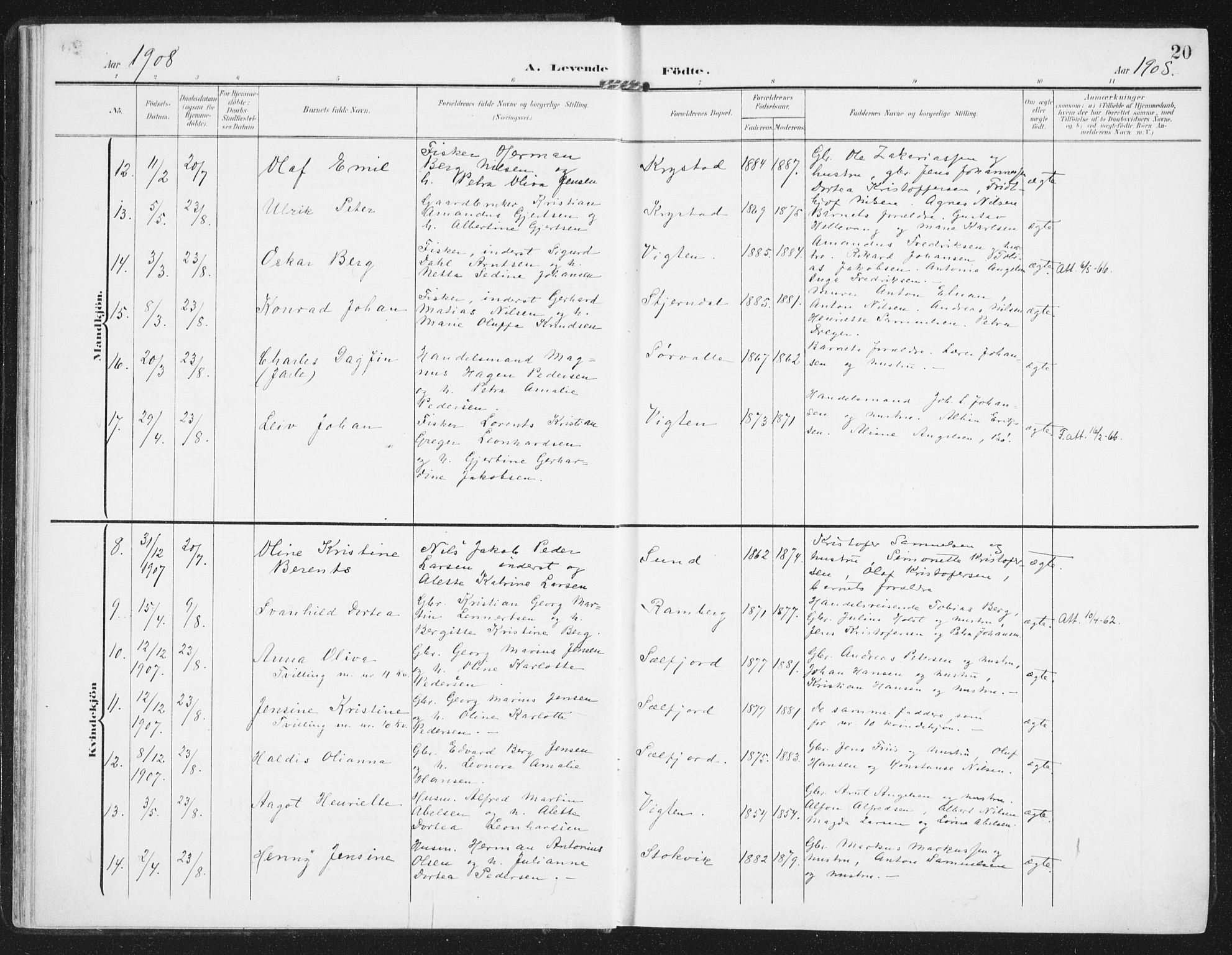 Ministerialprotokoller, klokkerbøker og fødselsregistre - Nordland, AV/SAT-A-1459/885/L1206: Parish register (official) no. 885A07, 1905-1915, p. 20