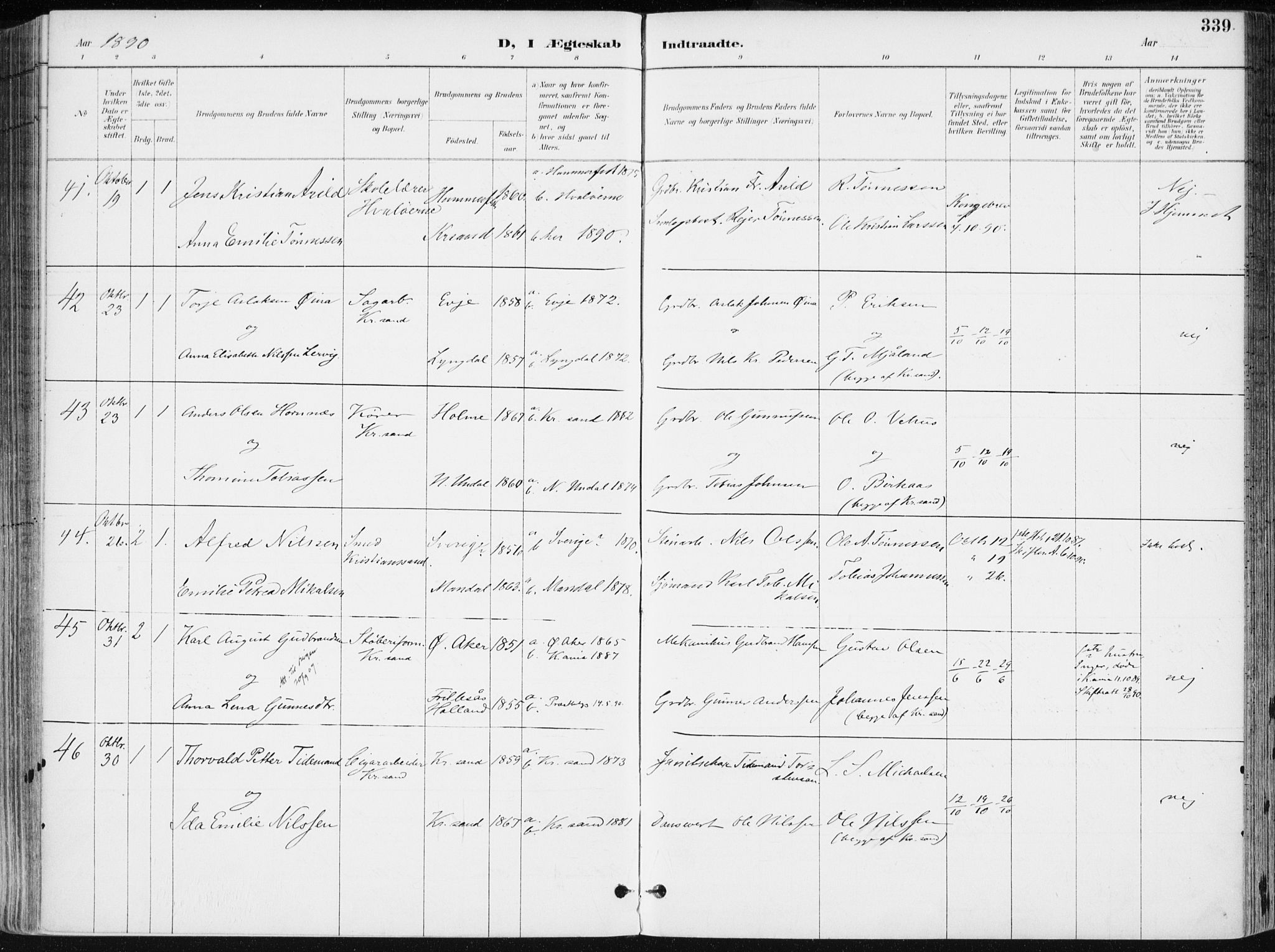 Kristiansand domprosti, AV/SAK-1112-0006/F/Fa/L0019: Parish register (official) no. A 18, 1890-1897, p. 339