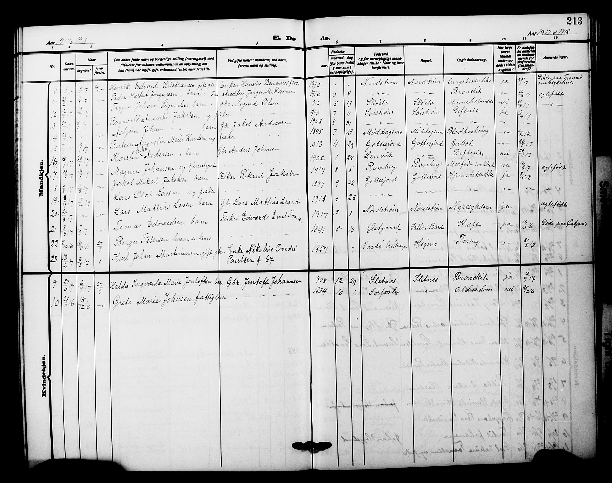 Tranøy sokneprestkontor, SATØ/S-1313/I/Ia/Iab/L0023klokker: Parish register (copy) no. 23, 1913-1928, p. 213