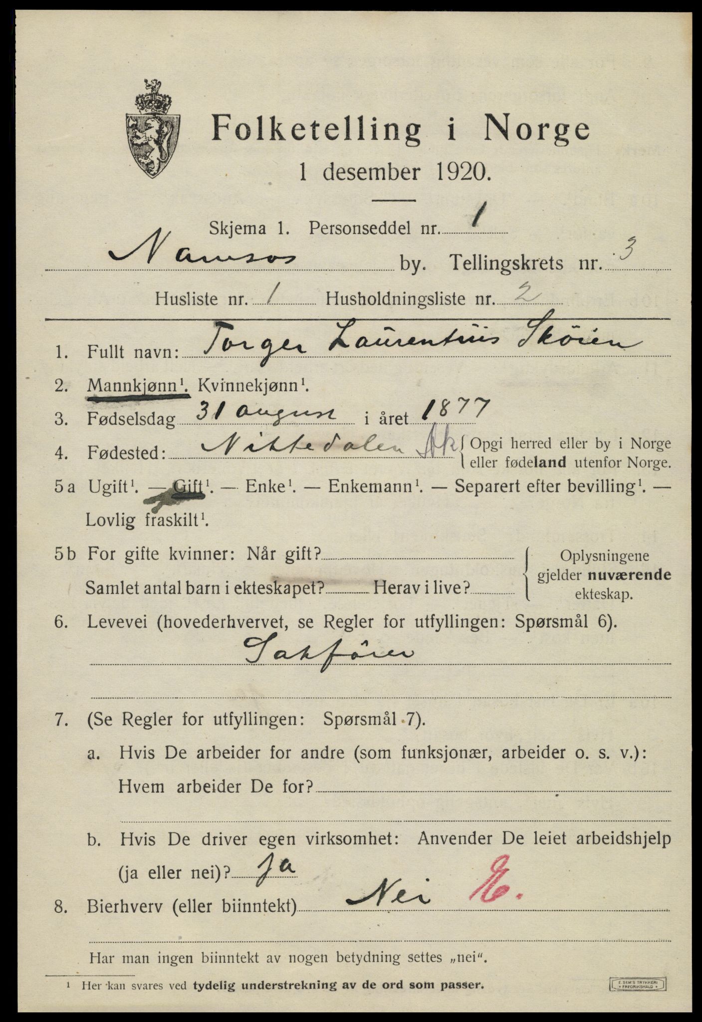 SAT, 1920 census for Namsos, 1920, p. 3755