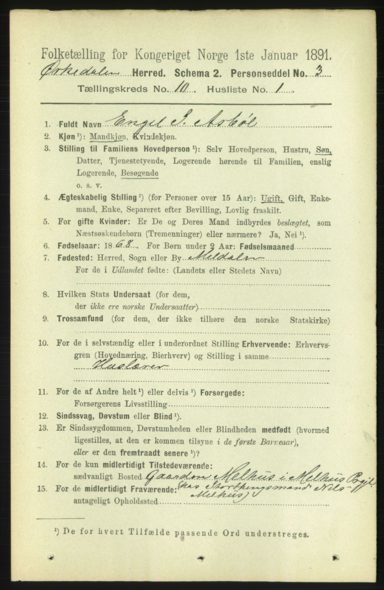 RA, 1891 census for 1638 Orkdal, 1891, p. 4629