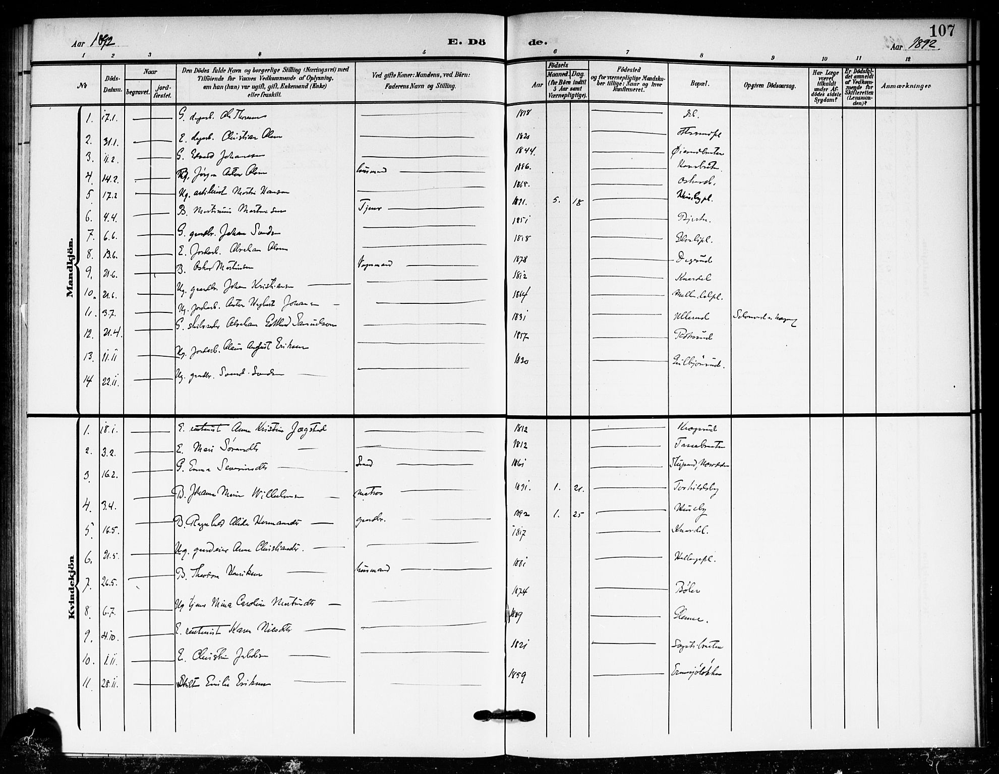 Drøbak prestekontor Kirkebøker, AV/SAO-A-10142a/F/Fc/L0001: Parish register (official) no. III 1, 1871-1900, p. 107